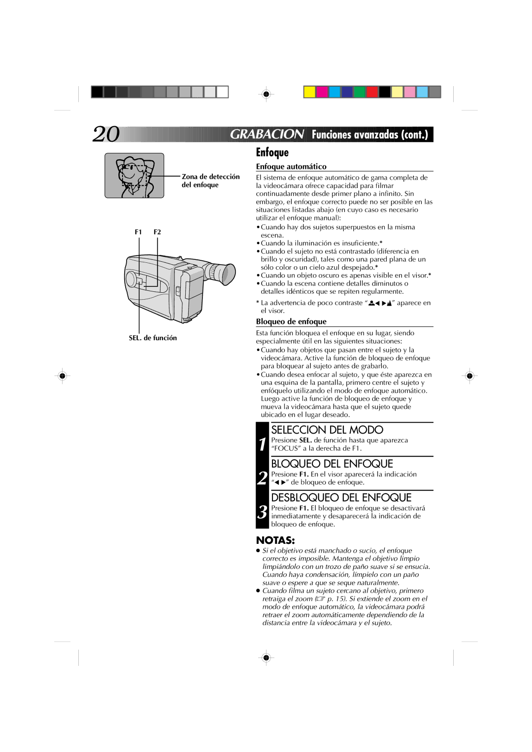 JVC GR-AX227 manual Funciones a vanzadas, Bloqueo DEL Enfoque, Desbloqueo DEL Enfoque 