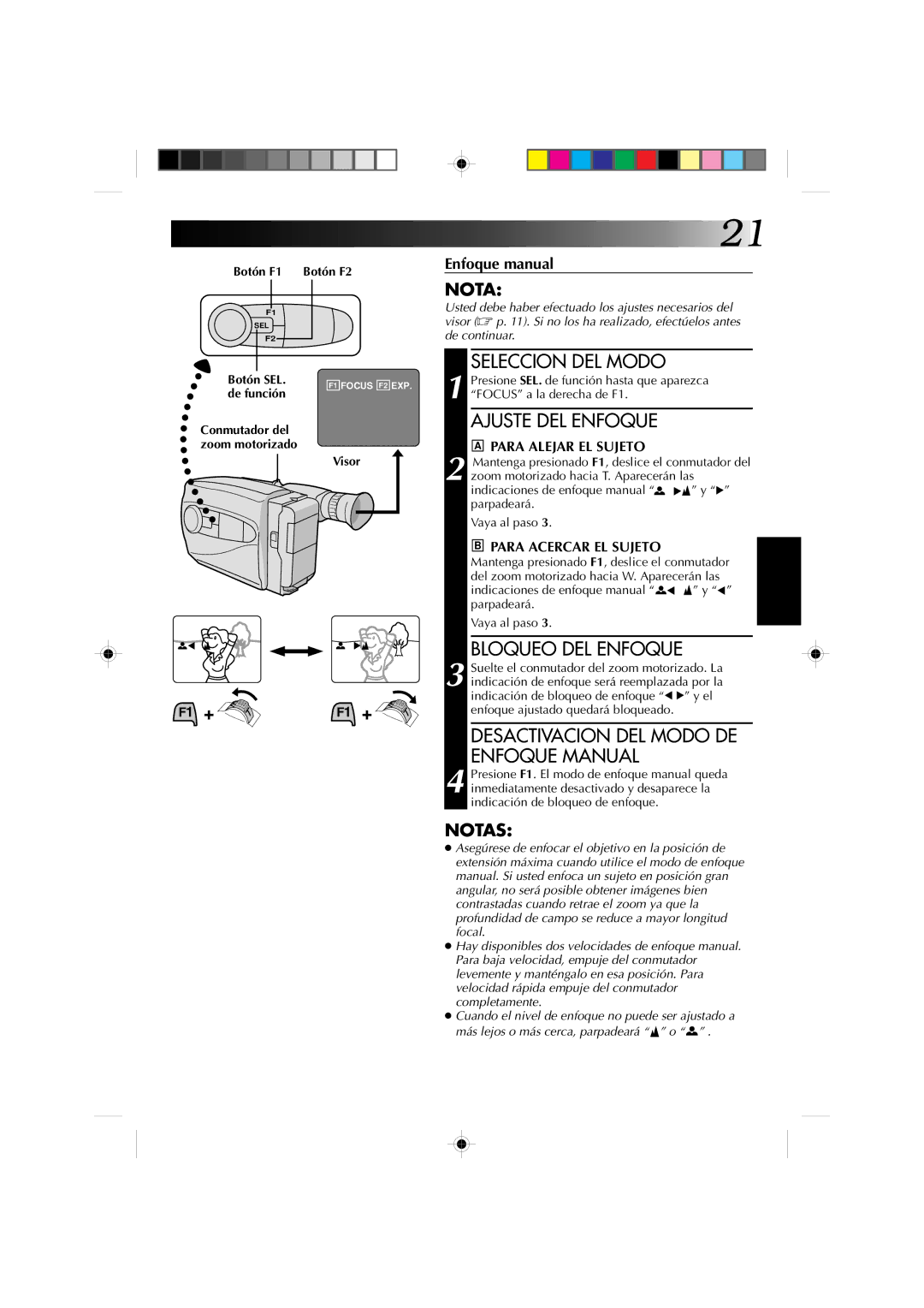 JVC GR-AX227 manual Desactivacion DEL Modo DE Enfoque Manual, Para Alejar EL Sujeto, Para Acercar EL Sujeto 