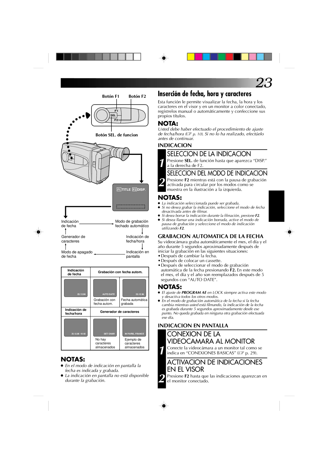 JVC GR-AX227 manual Inserción de fecha, hora y caracteres, Seleccion DE LA Indicacion, Seleccion DEL Modo DE Indicacion 