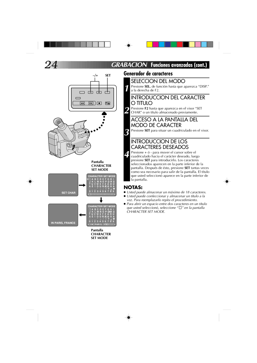 JVC GR-AX227 manual Funciones avanzadas, Generador de caracteres, Introduccion DEL Caracter O Titulo 