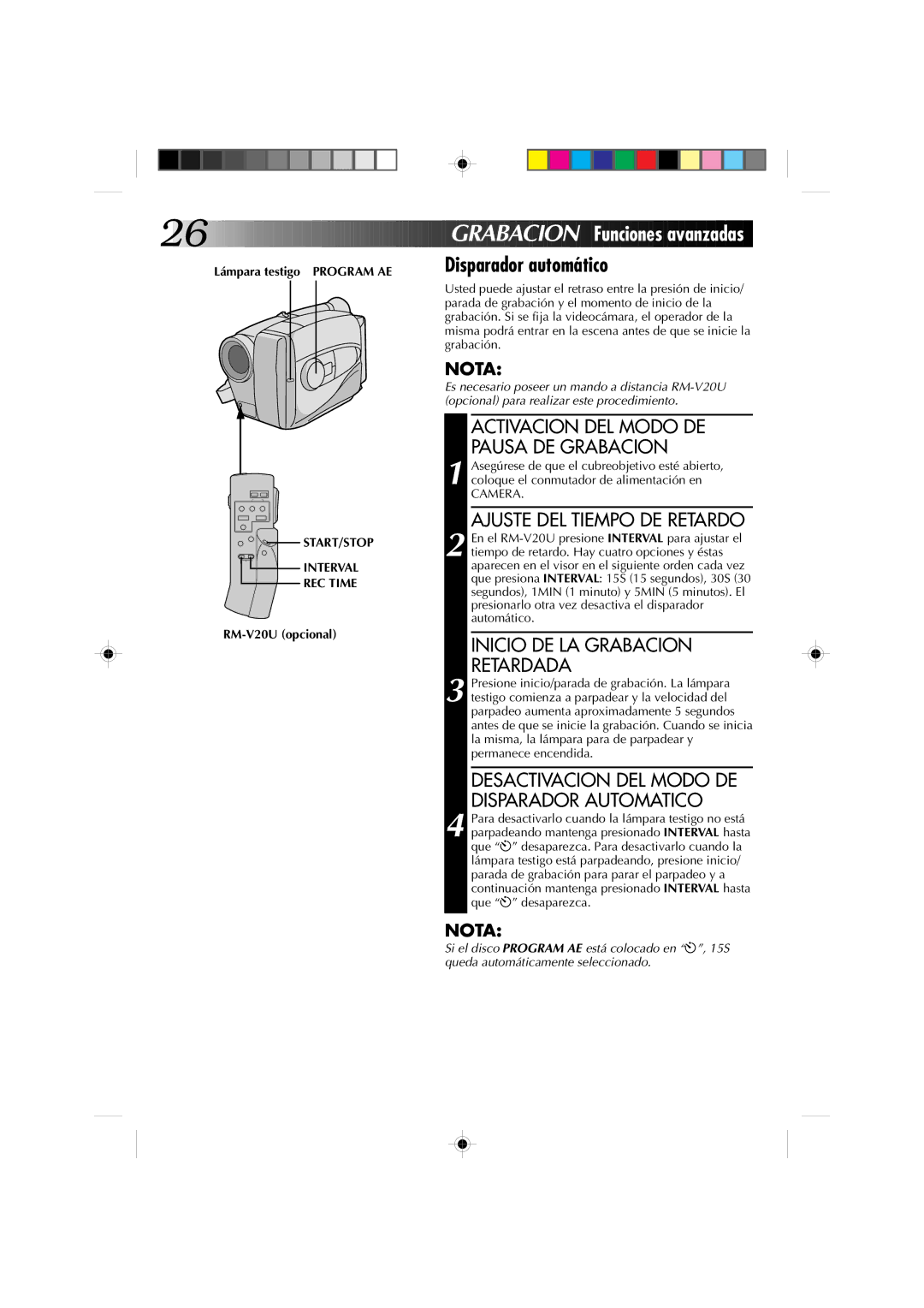 JVC GR-AX227 manual Lámpara testigo Program AE, START/STOP Interval REC Time 