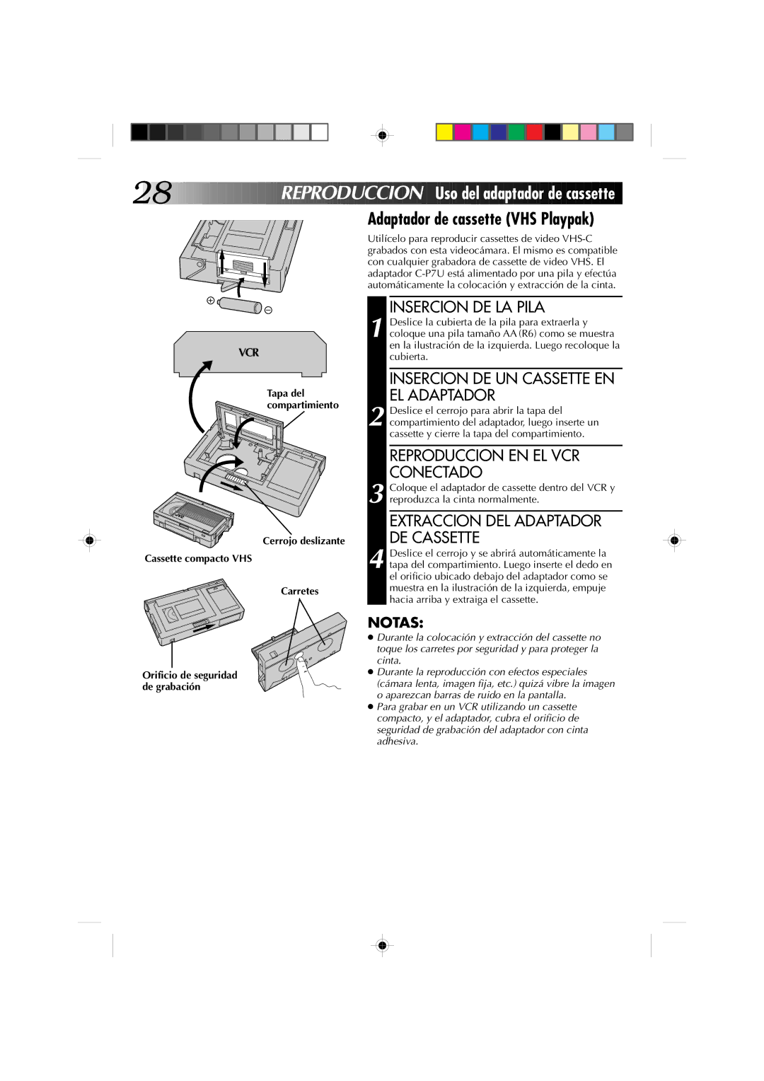 JVC GR-AX227 manual Reproduccion Uso del adaptador de cassette, Adaptador de cassette VHS Playpak 