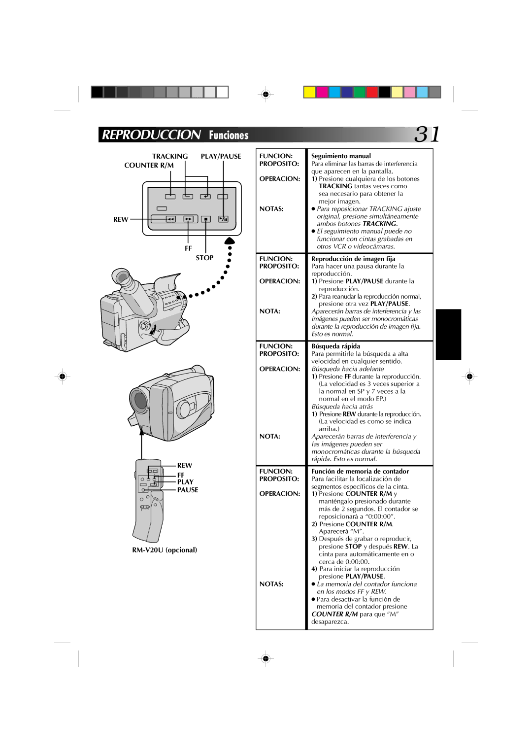 JVC GR-AX227 manual Reproduccion Funciones, Notas 