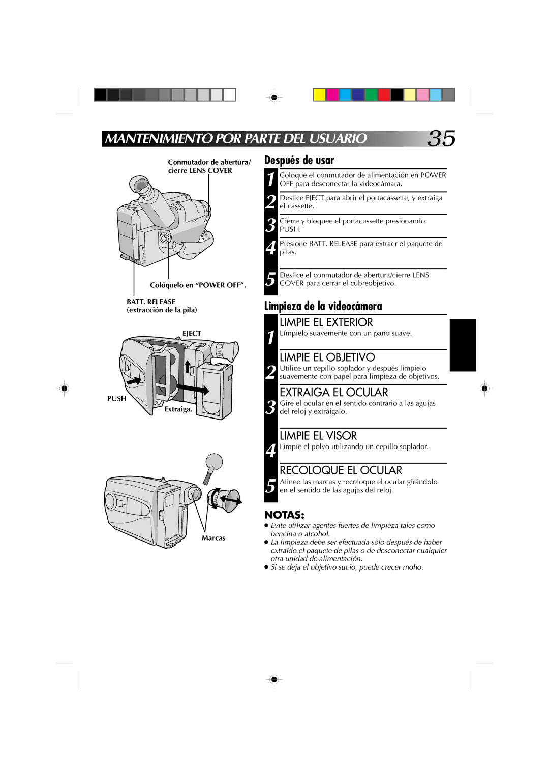 JVC GR-AX227 manual Mantenimiento POR Parte DEL Usuario, Después de usar, Limpieza de la videocámera 