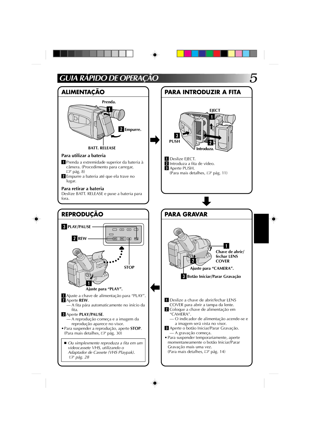 JVC GR-AX227 manual Alimentação, Para Introduzir a Fita, Reprodução, Para Gravar 