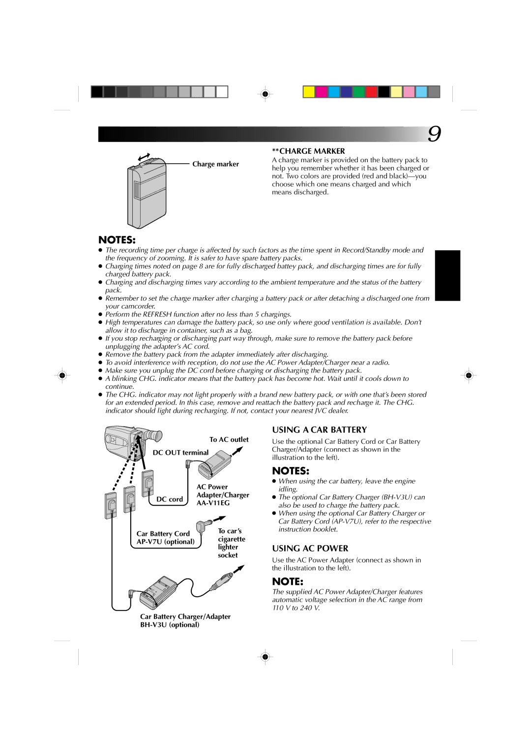 JVC GR-AX227 manual Charge Marker, Charge marker, To AC outlet DC OUT terminal AC Power DC cord, AA-V11EG 