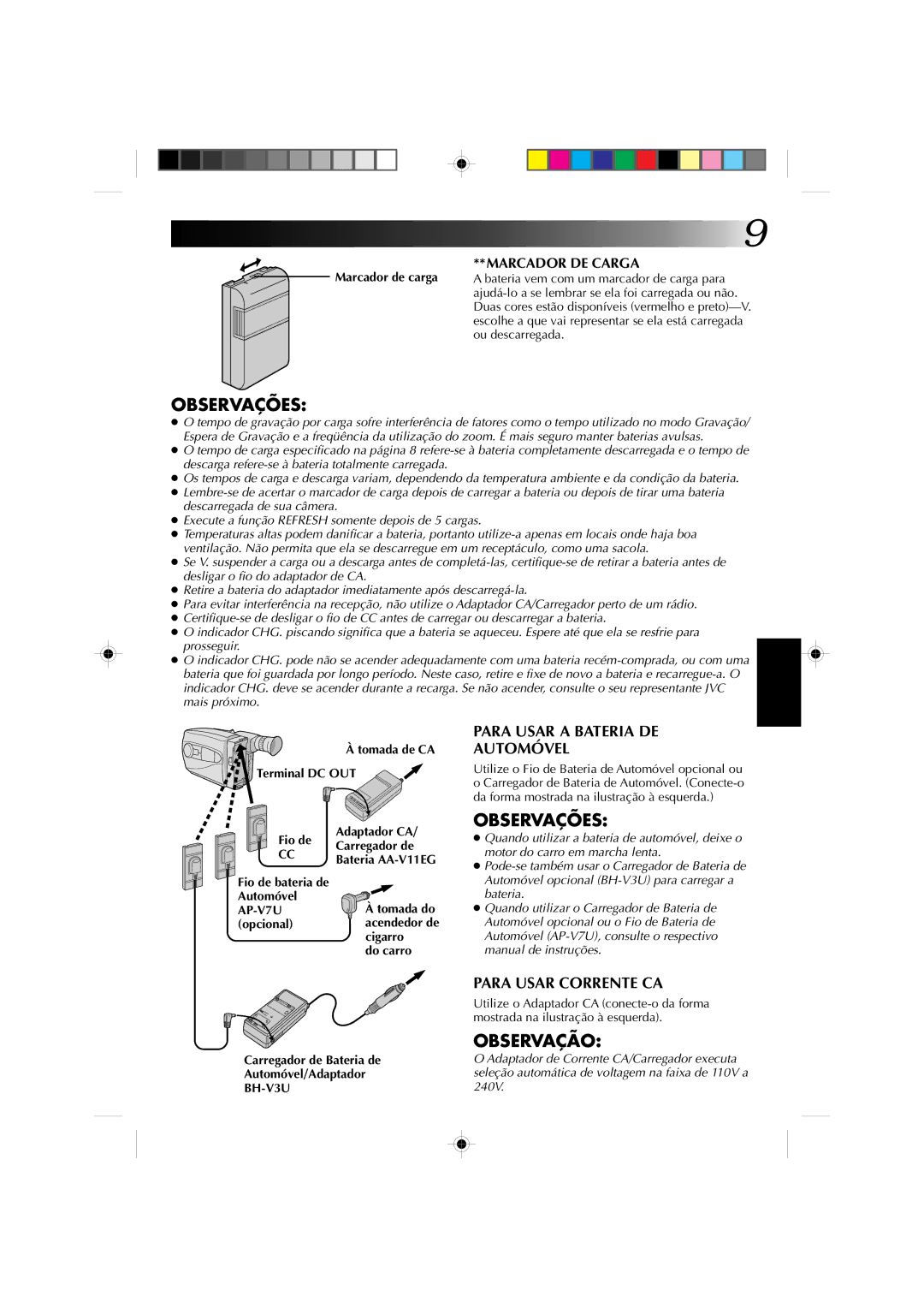 JVC GR-AX227 manual Observação, Marcador DE Carga, AP-V7U 