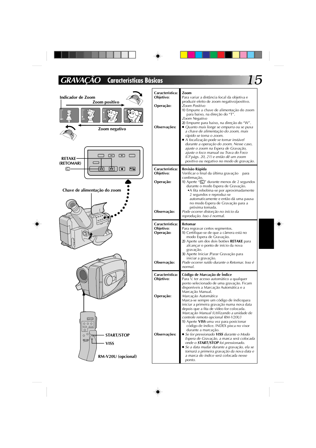 JVC GR-AX227 manual Gravação Características Básicas, Indicador de Zoom Zoom positivo Zoom negativo, Retake Retomar 