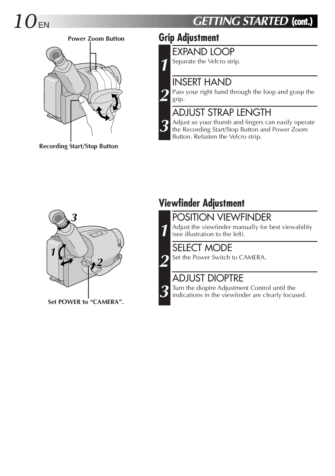 JVC GR-AX285, GR-AX380 manual Grip Adjustment, Viewfinder Adjustment 