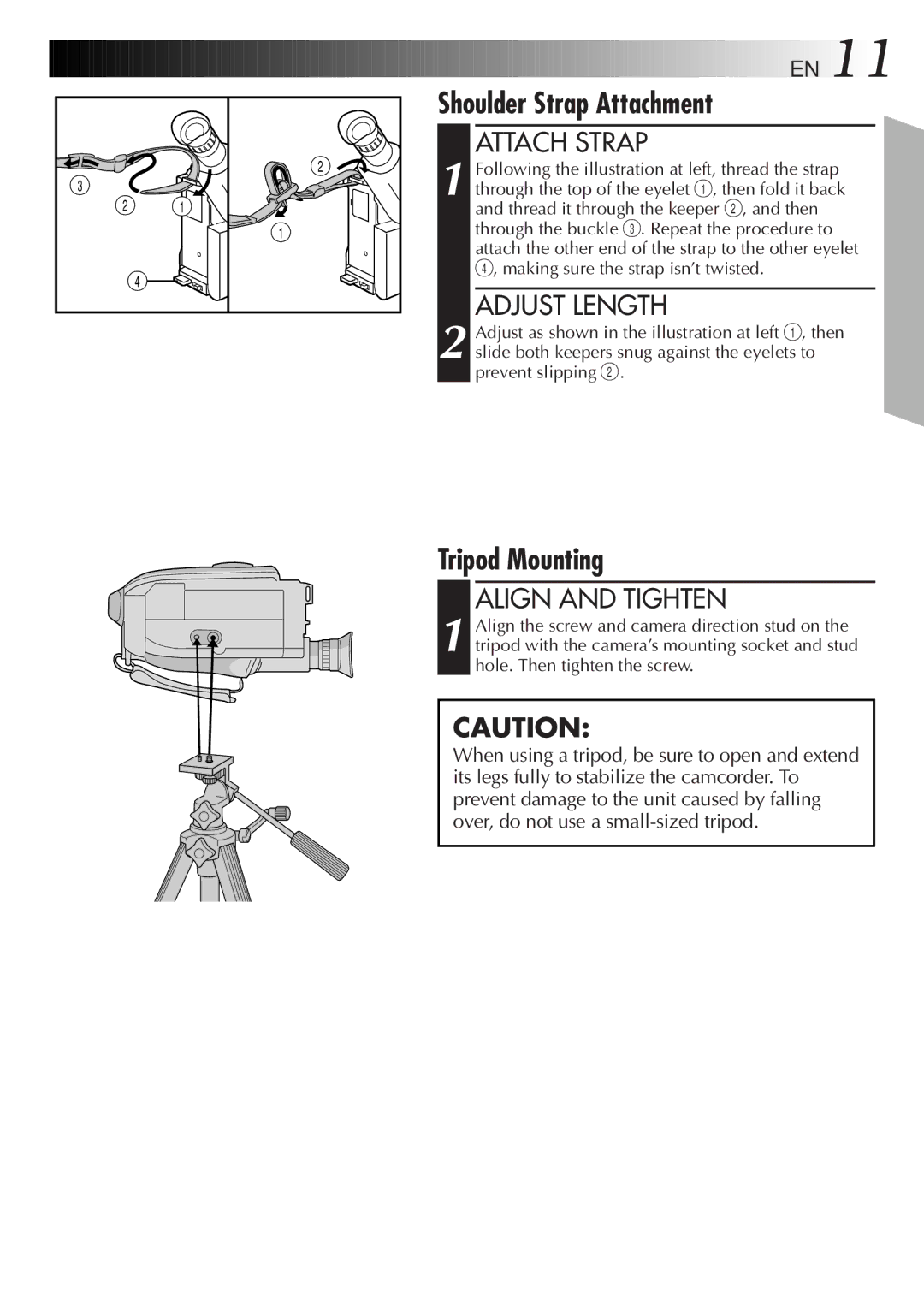 JVC GR-AX380, GR-AX285 manual Shoulder Strap Attachment, Tripod Mounting, Attach Strap, Adjust Length, Align and Tighten 