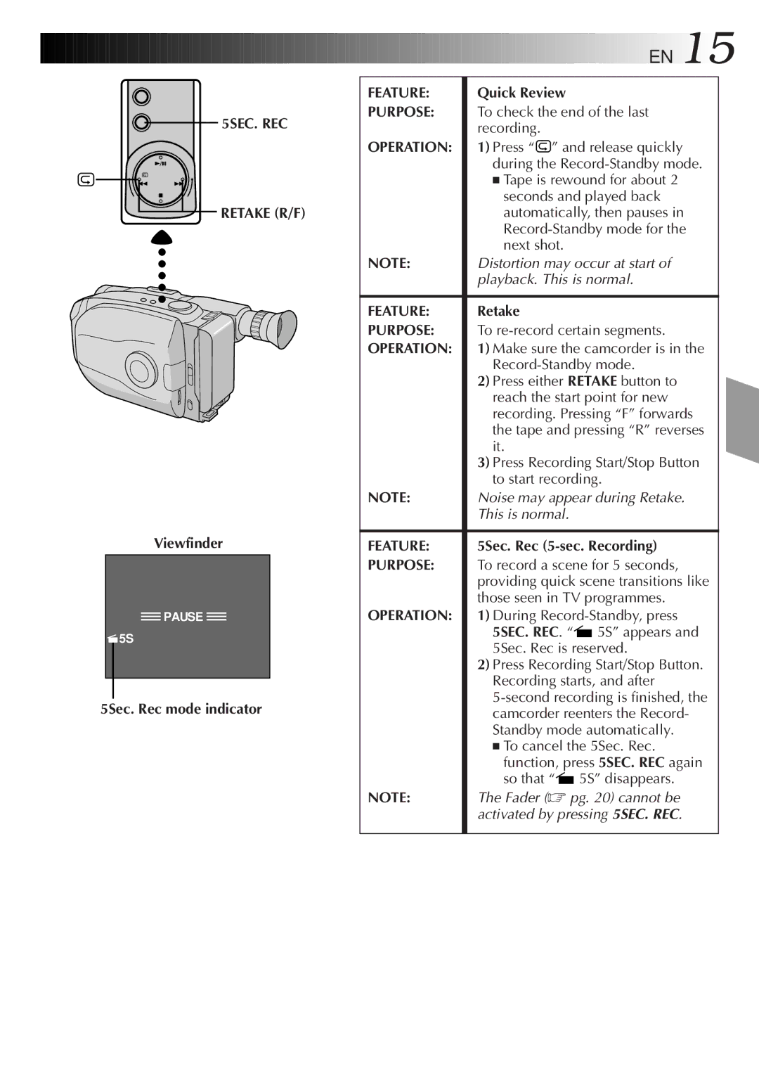 JVC GR-AX380, GR-AX285 manual 5SEC. REC Retake R/F, 5Sec. Rec mode indicator, Feature, Quick Review 