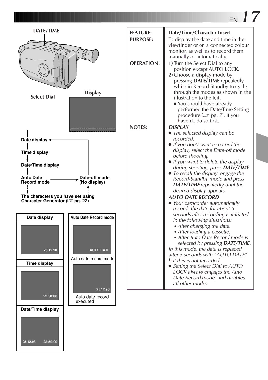 JVC GR-AX380, GR-AX285 manual Display Select Dial, Date/Time/Character Insert 