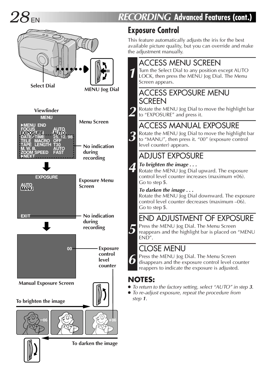 JVC GR-AX285, GR-AX380 manual To brighten the image Menu Jog Dial Menu Screen, Exposure Menu Screen, To darken the image 