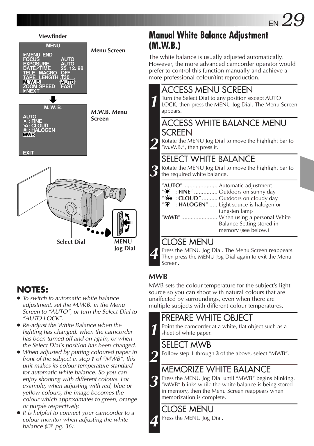 JVC GR-AX380, GR-AX285 manual Manual White Balance Adjustment M.W.B, Select Dial Menu Screen, Jog Dial 