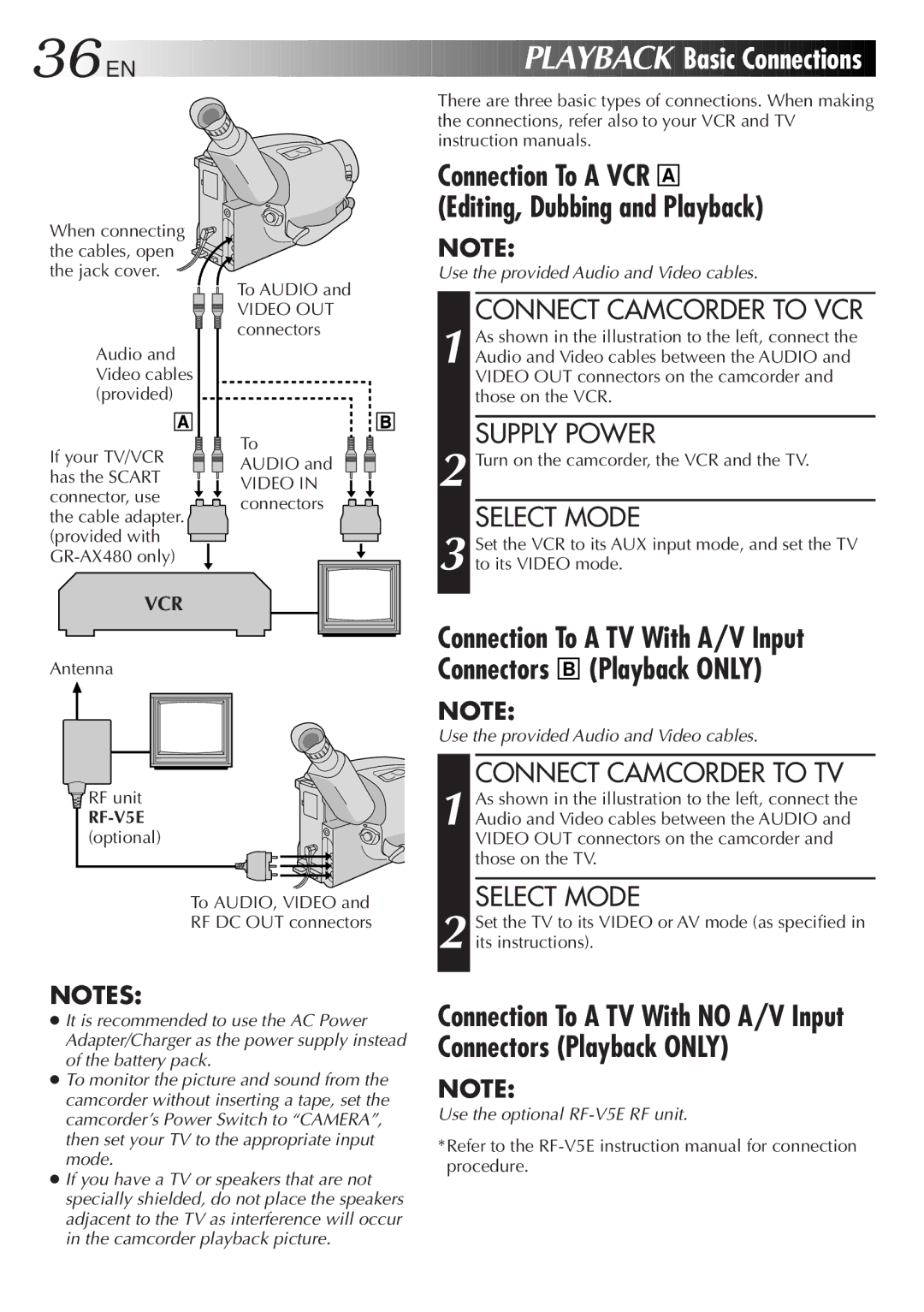 JVC GR-AX285, GR-AX380 manual EN Playback, Basic Connections, Connect Camcorder to VCR, Connect Camcorder to TV, RF-V5E 