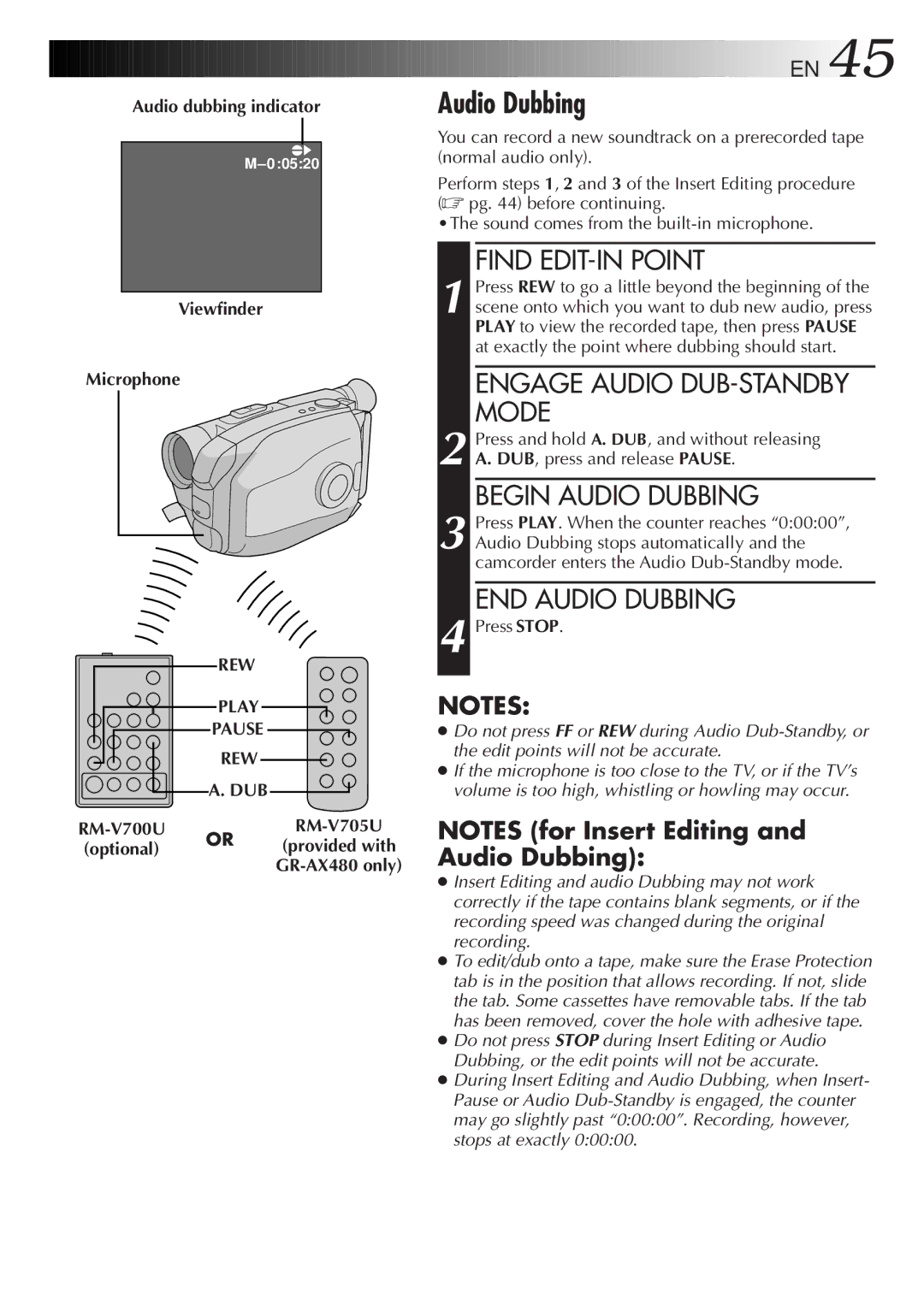 JVC GR-AX380, GR-AX285 manual Audio dubbing indicator Viewfinder Microphone, REW Play Pause DUB 