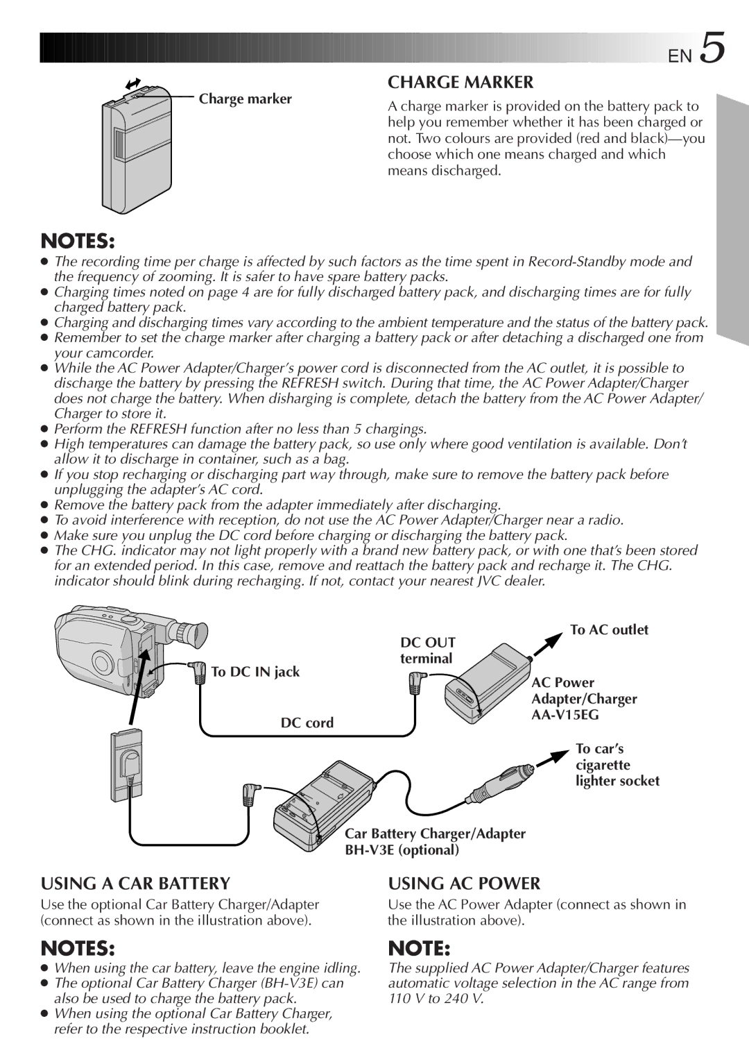 JVC GR-AX380 Charge marker, Dc Out, To DC in jack Terminal AC Power, AA-V15EG, Car Battery Charger/Adapter BH-V3E optional 