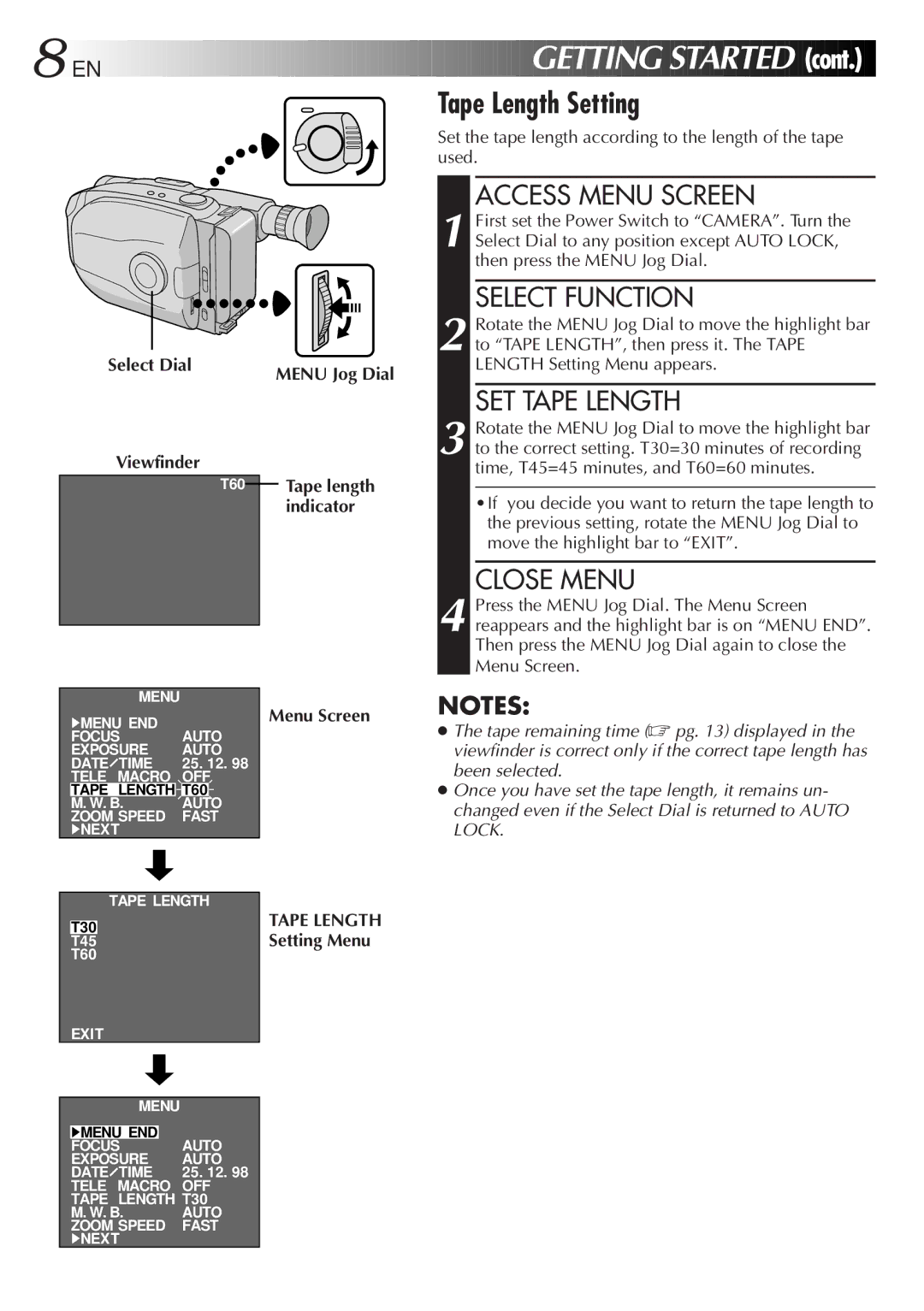 JVC GR-AX285, GR-AX380 manual Select Dial Viewfinder, Menu Jog Dial, Menu Screen Tape Length Setting Menu 