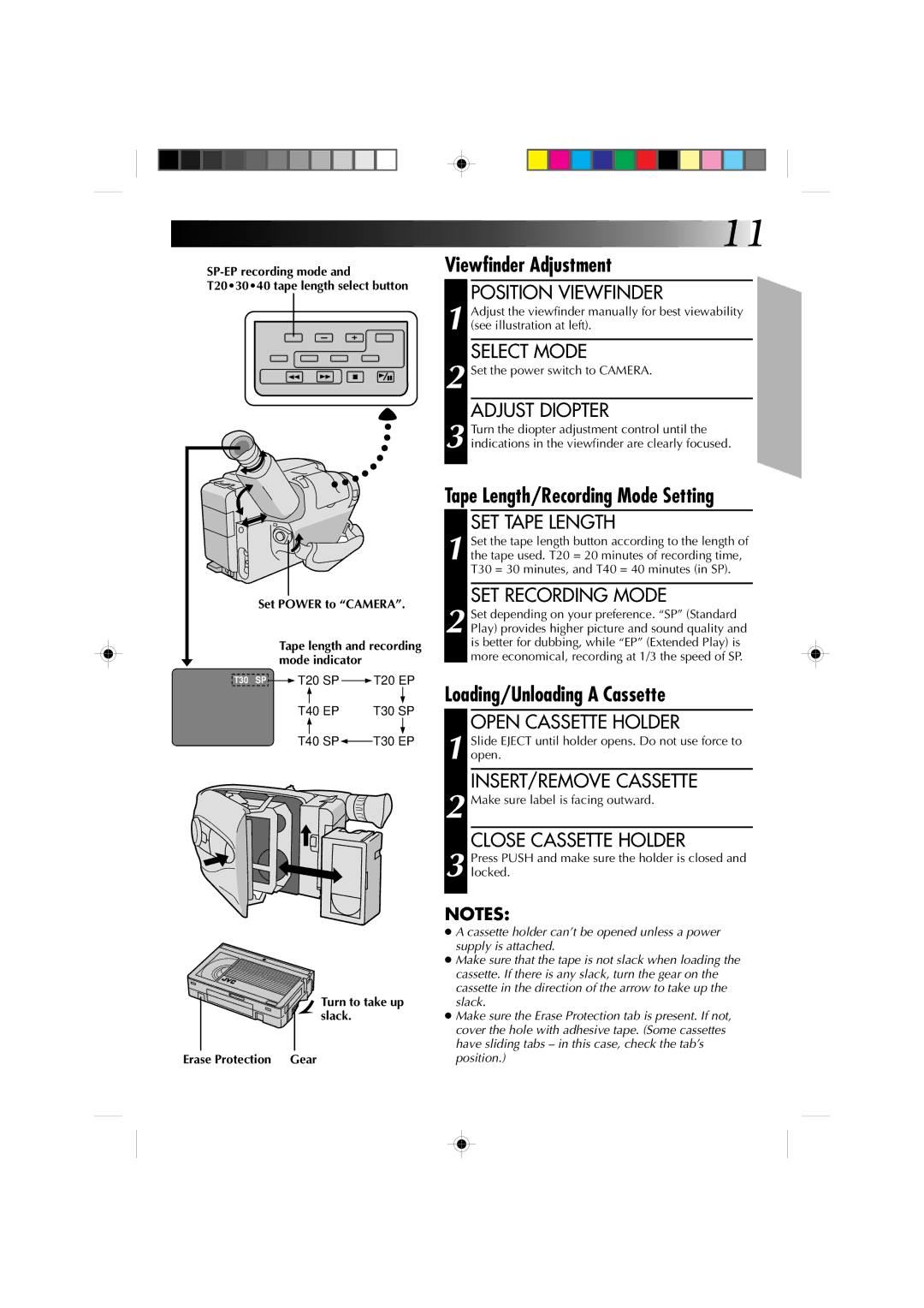 JVC GR-AX410, GR-AX310 manual Viewfinder Adjustment, Tape Length/Recording Mode Setting, Loading/Unloading a Cassette 