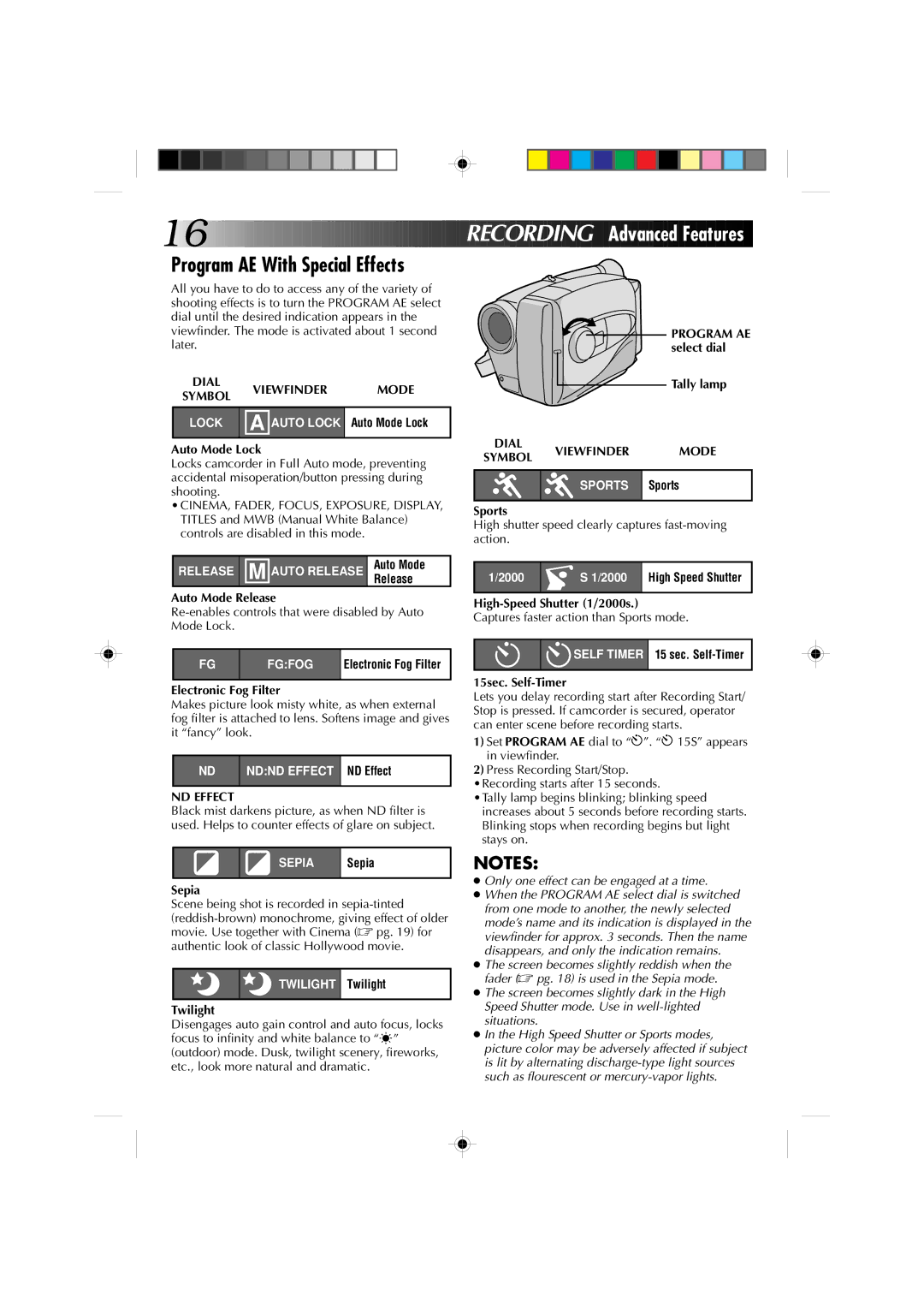 JVC GR-AX310, GR-AX410 manual Recording Advanced Features, Program AE With Special Effects, Viewfinder Mode, ND Effect 