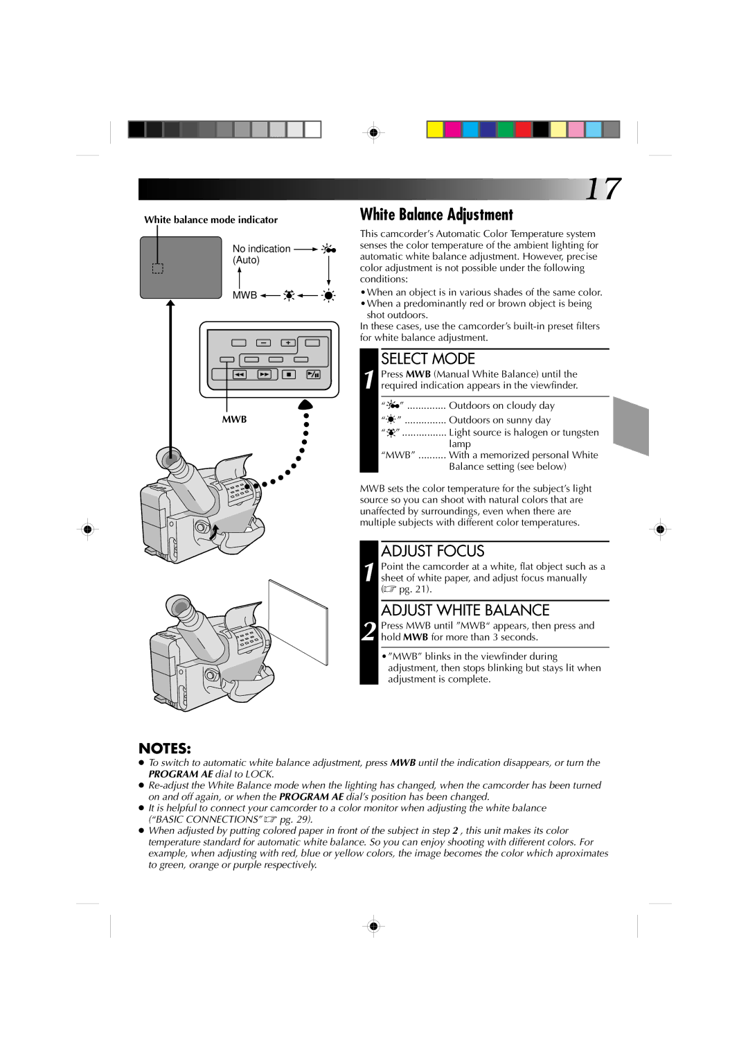 JVC GR-AX410, GR-AX310 White Balance Adjustment, Adjust Focus, Adjust White Balance, White balance mode indicator, Mwb 