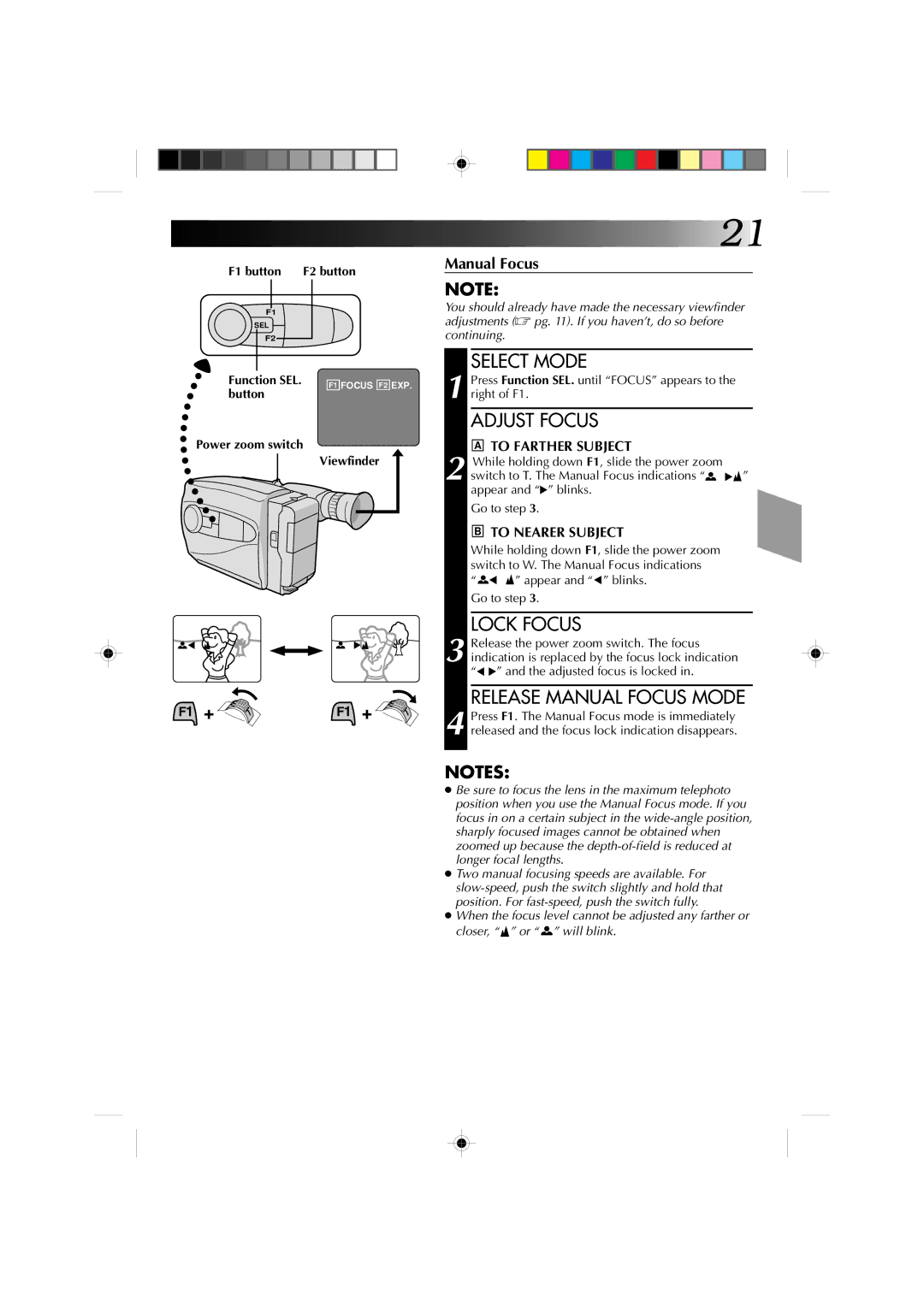 JVC GR-AX410, GR-AX310 manual Release Manual Focus Mode, To Farther Subject, To Nearer Subject, Button, Viewfinder 