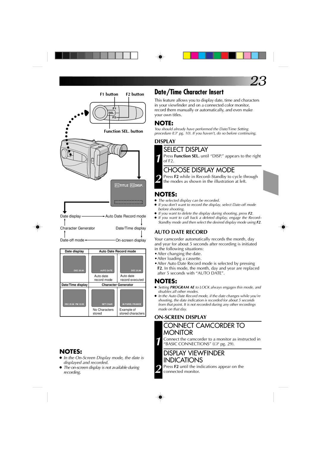 JVC GR-AX410, GR-AX310 manual Date/Time Character Insert, Select Display, Choose Display Mode, Connect Camcorder to Monitor 