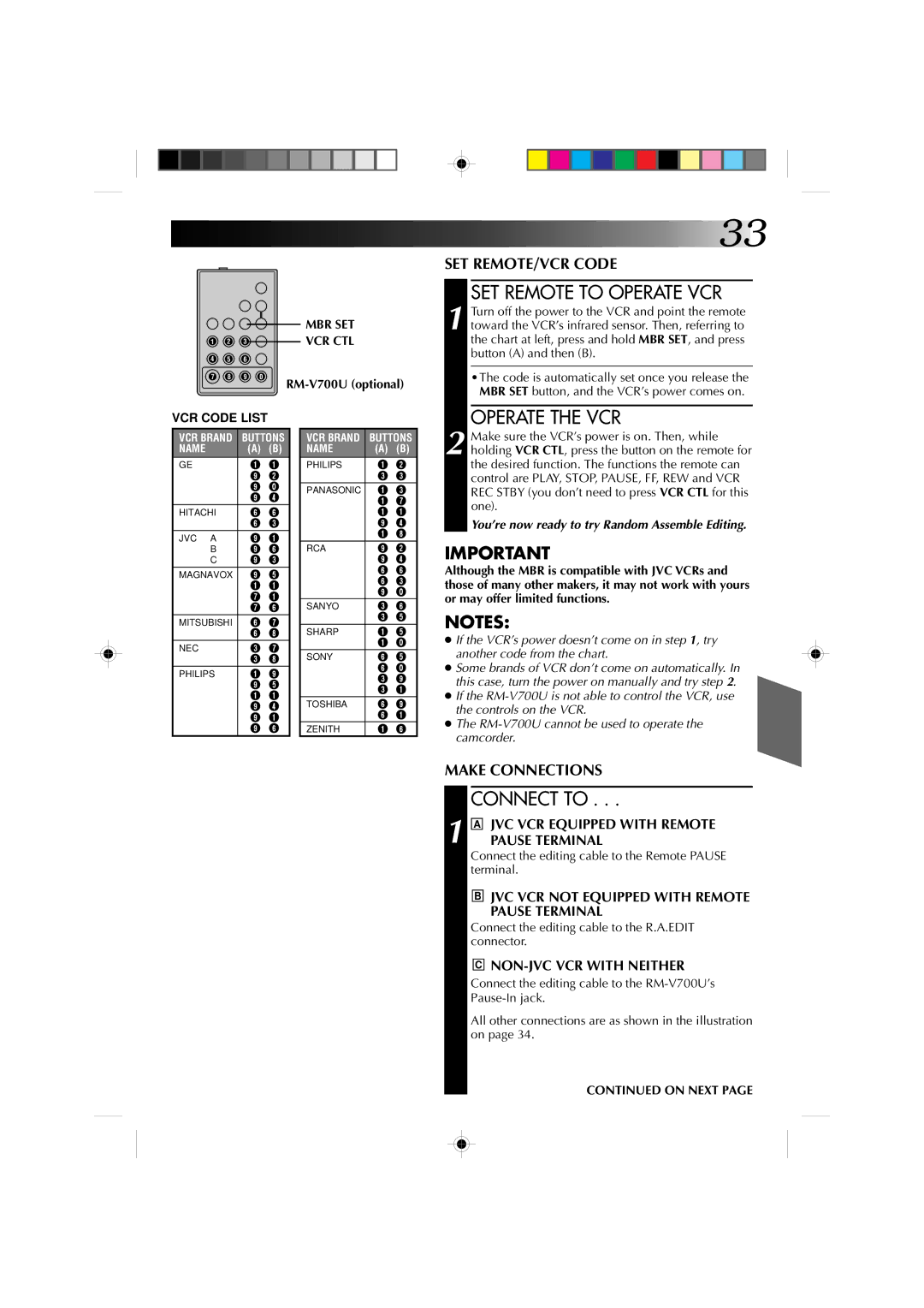 JVC GR-AX410, GR-AX310 manual SET Remote to Operate VCR, Operate the VCR, Connect to 