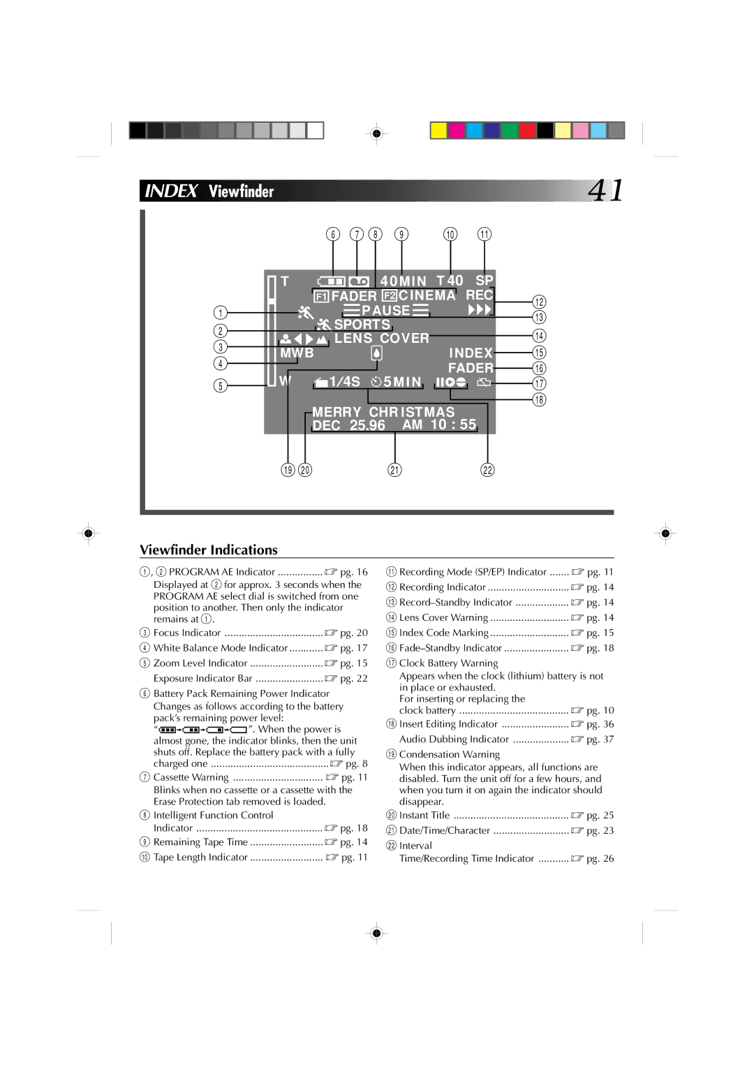 JVC GR-AX410, GR-AX310 manual Index Viewfinder, Recording Mode SP/EP Indicator 