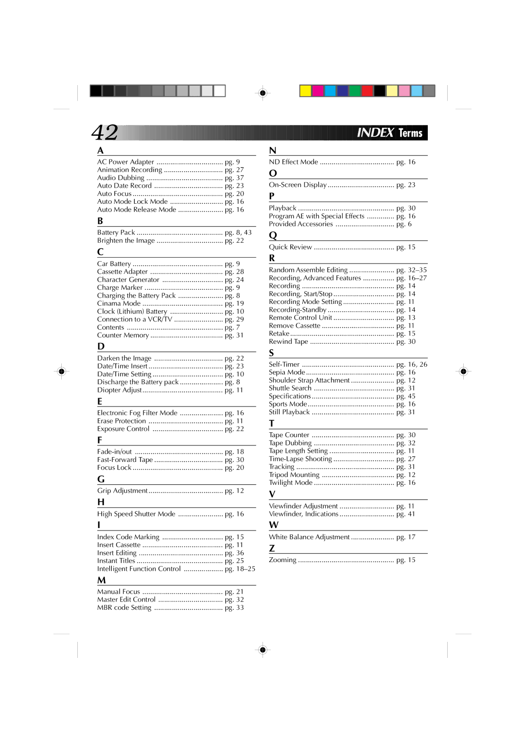 JVC GR-AX310, GR-AX410 manual Index Terms 