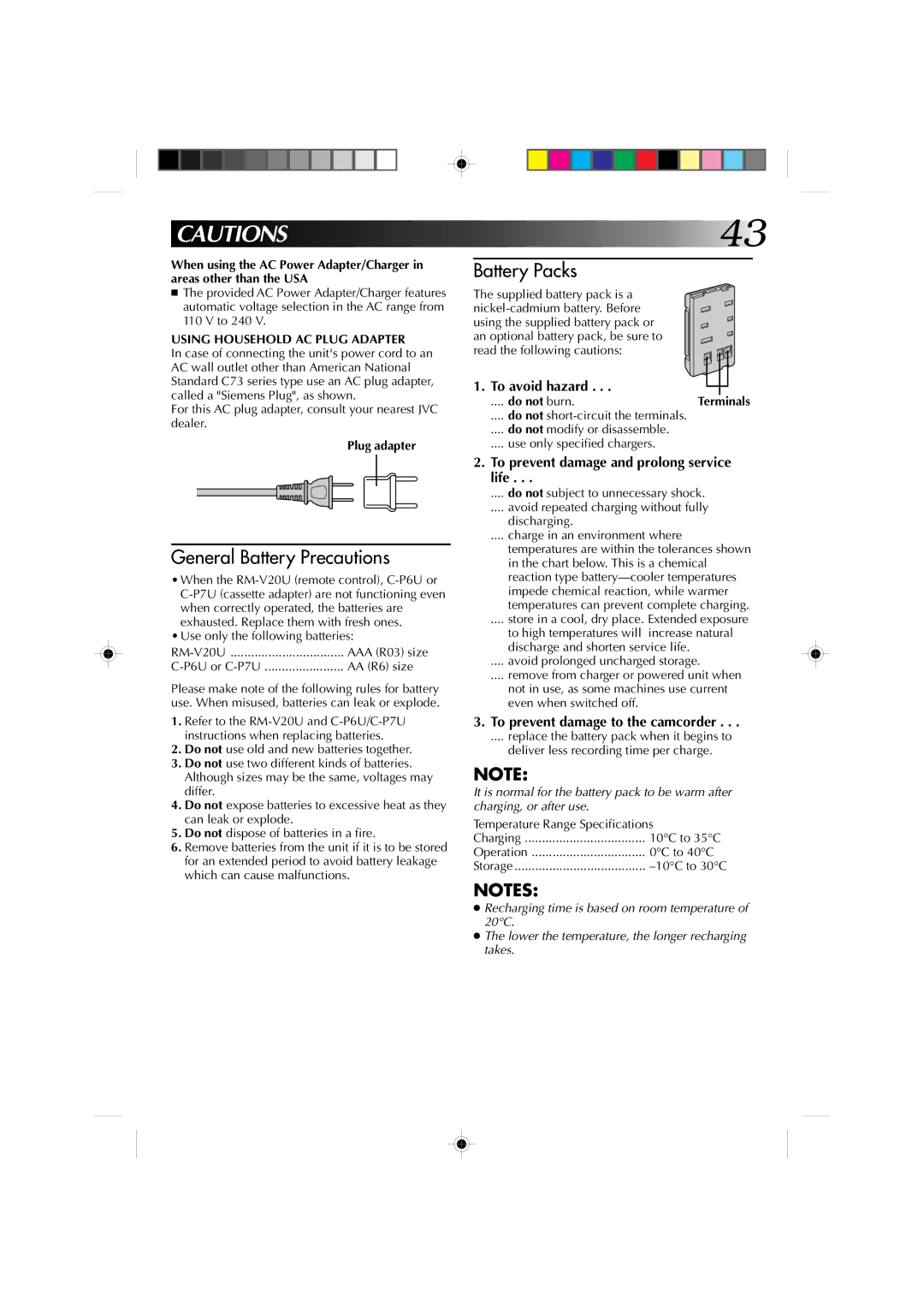 JVC GR-AX410 To avoid hazard, To prevent damage and prolong service life, To prevent damage to the camcorder, Plug adapter 