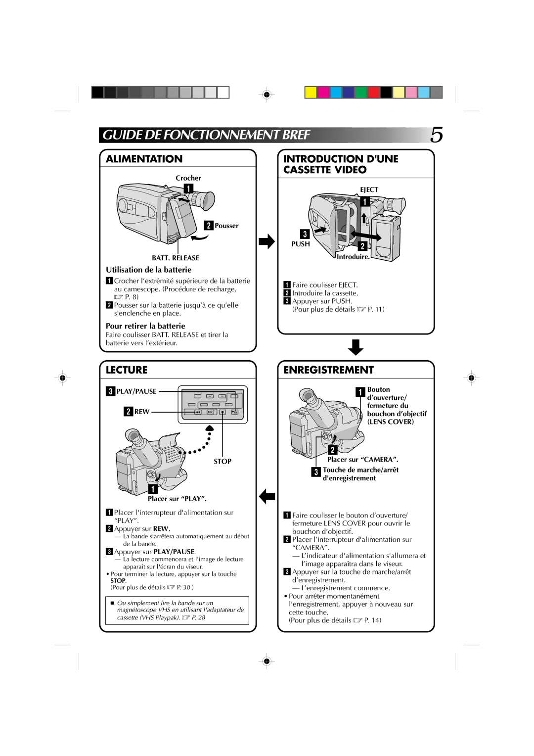 JVC GR-AX410, GR-AX310 manual Guide DE Fonctionnement Bref, Utilisation de la batterie, Pour retirer la batterie, Lens Cover 