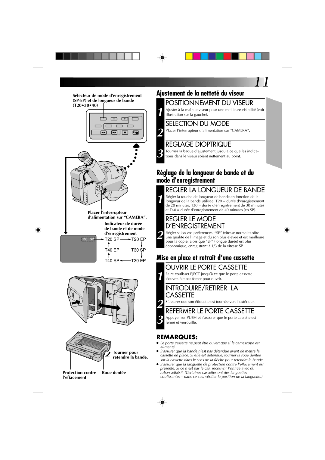 JVC GR-AX410, GR-AX310 manual Ajustement de la netteté du viseur, Mise en place et retrait d’une cassette 