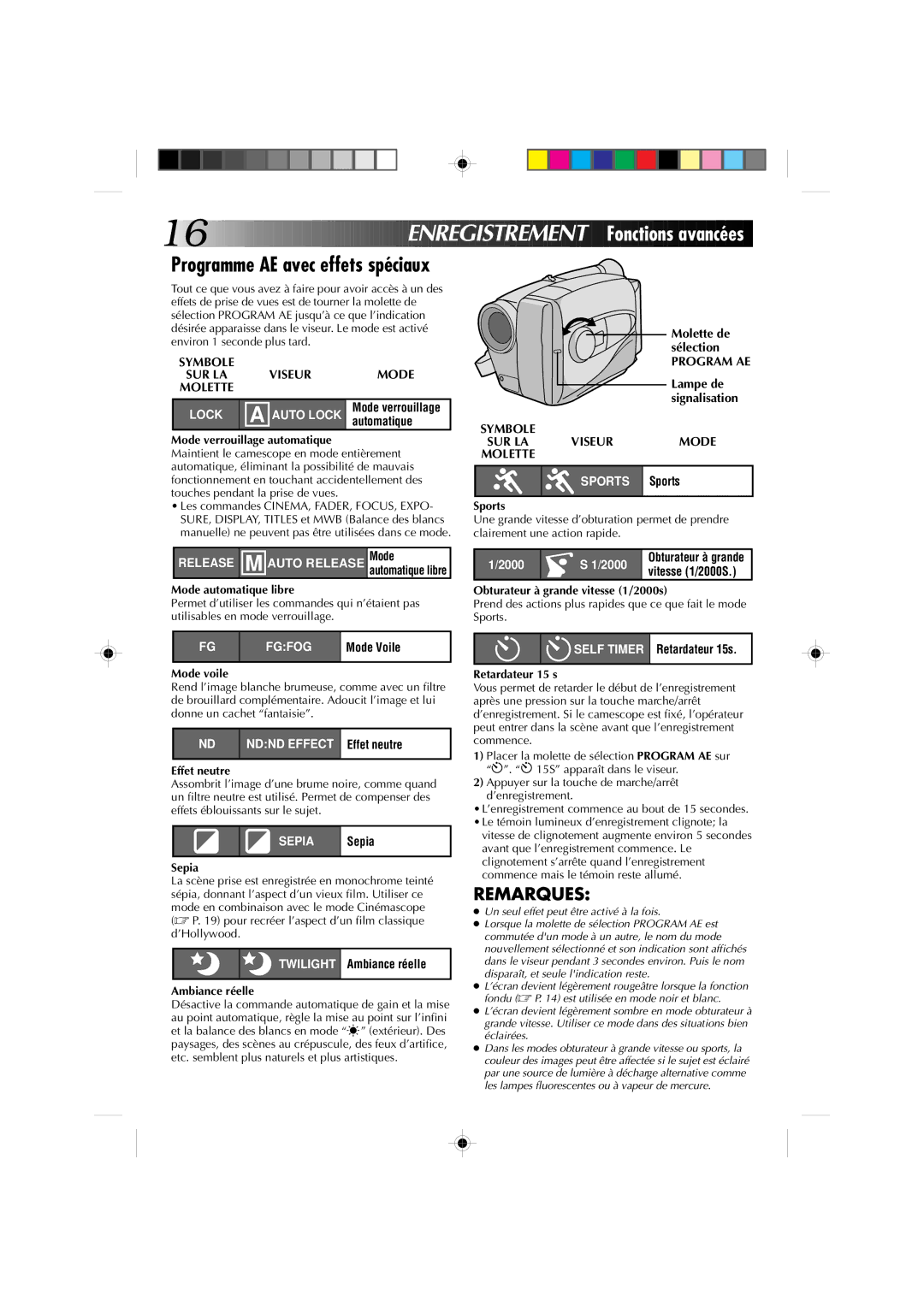 JVC GR-AX310, GR-AX410 manual Enregistrement Fo nctions avancées, Programme AE avec effets spéciaux, Viseur Mode, Program AE 