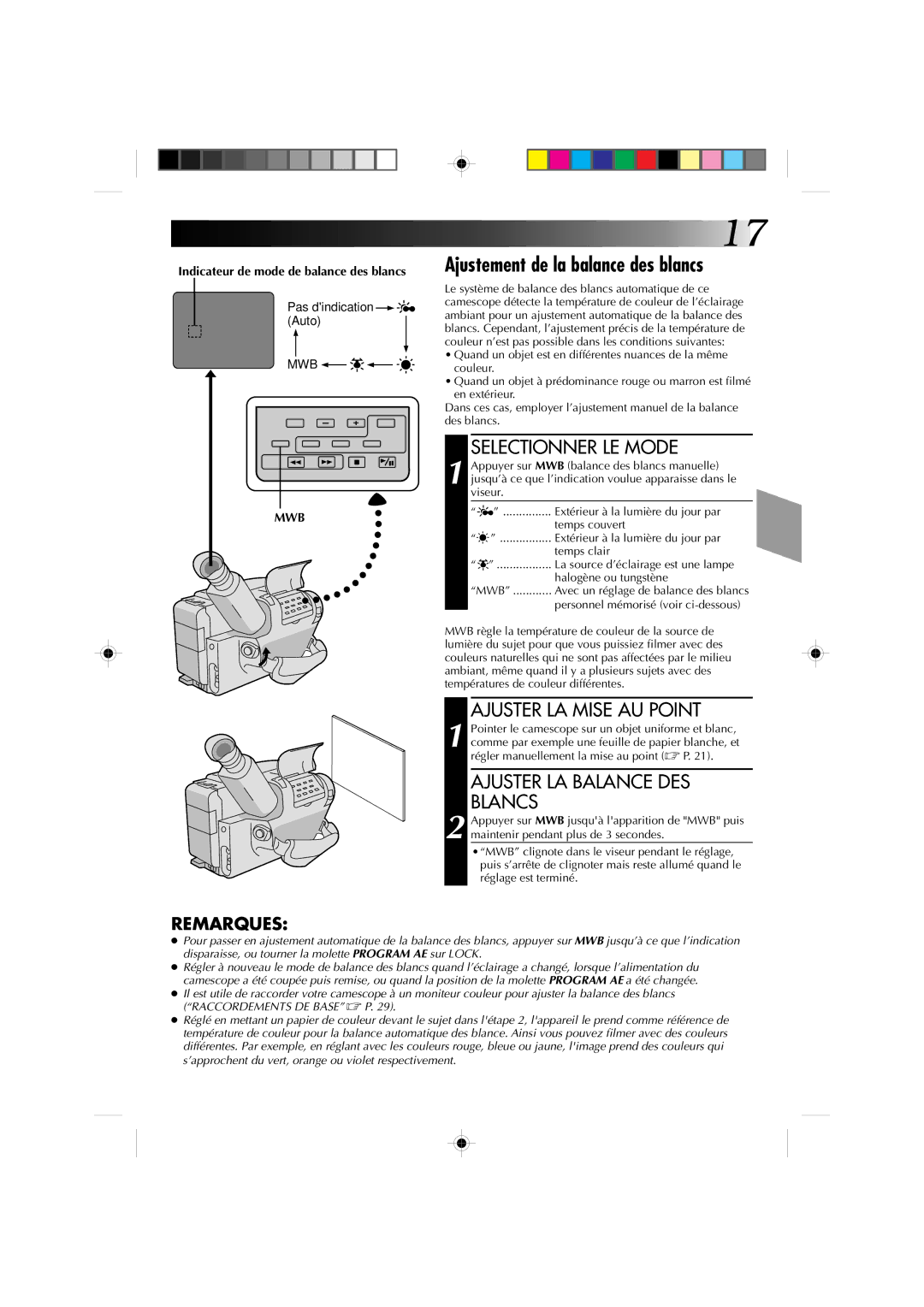 JVC GR-AX410, GR-AX310 manual Ajustement de la balance des blancs, Ajuster LA Mise AU Point, Ajuster LA Balance DES Blancs 