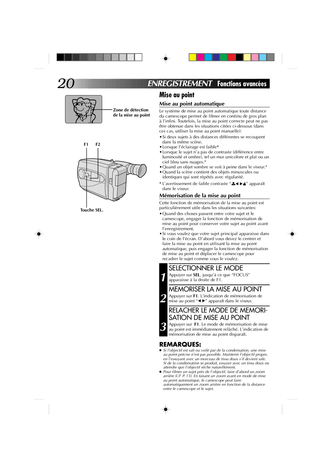 JVC GR-AX310, GR-AX410 manual Mise au point, Memoriser LA Mise AU Point, F1 F2 Touche SEL 