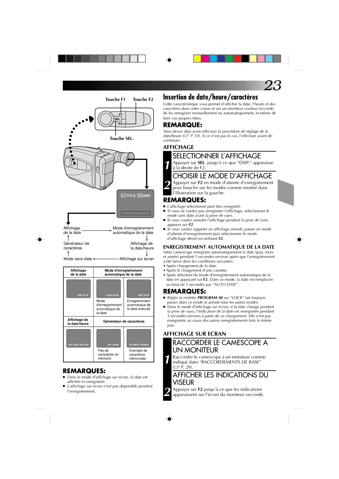 JVC GR-AX410, GR-AX310 manual Insertion de date/heure/caractères, Selectionner L’AFFICHAGE, Choisir LE Mode D’AFFICHAGE 