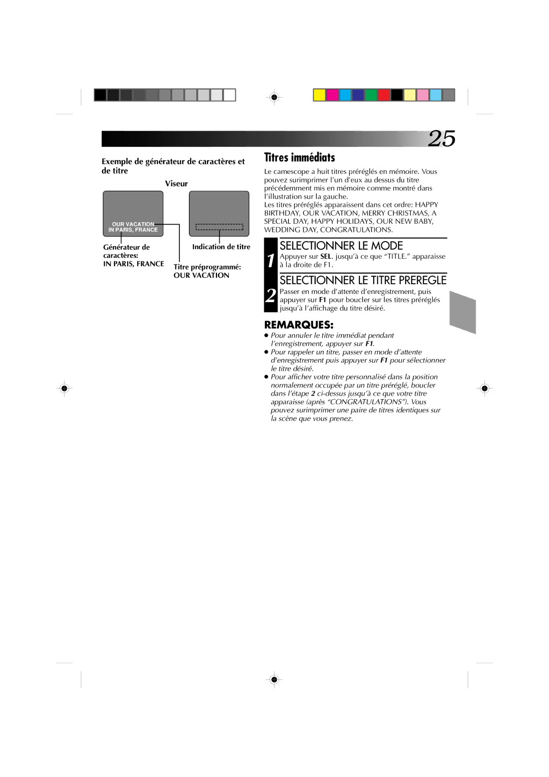 JVC GR-AX410 Titres immédiats, Selectionner LE Titre Preregle, Exemple de générateur de caractères et de titre Viseur 