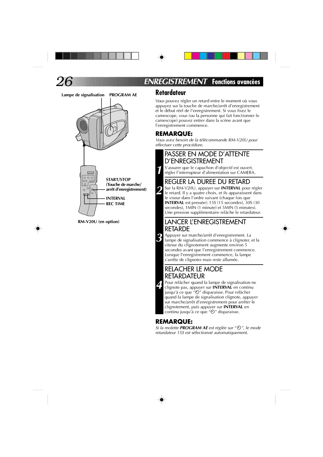 JVC GR-AX310, GR-AX410 manual Lampe de signalisation Program AE, Start/Stop, Touche de marche, Interval REC Time 