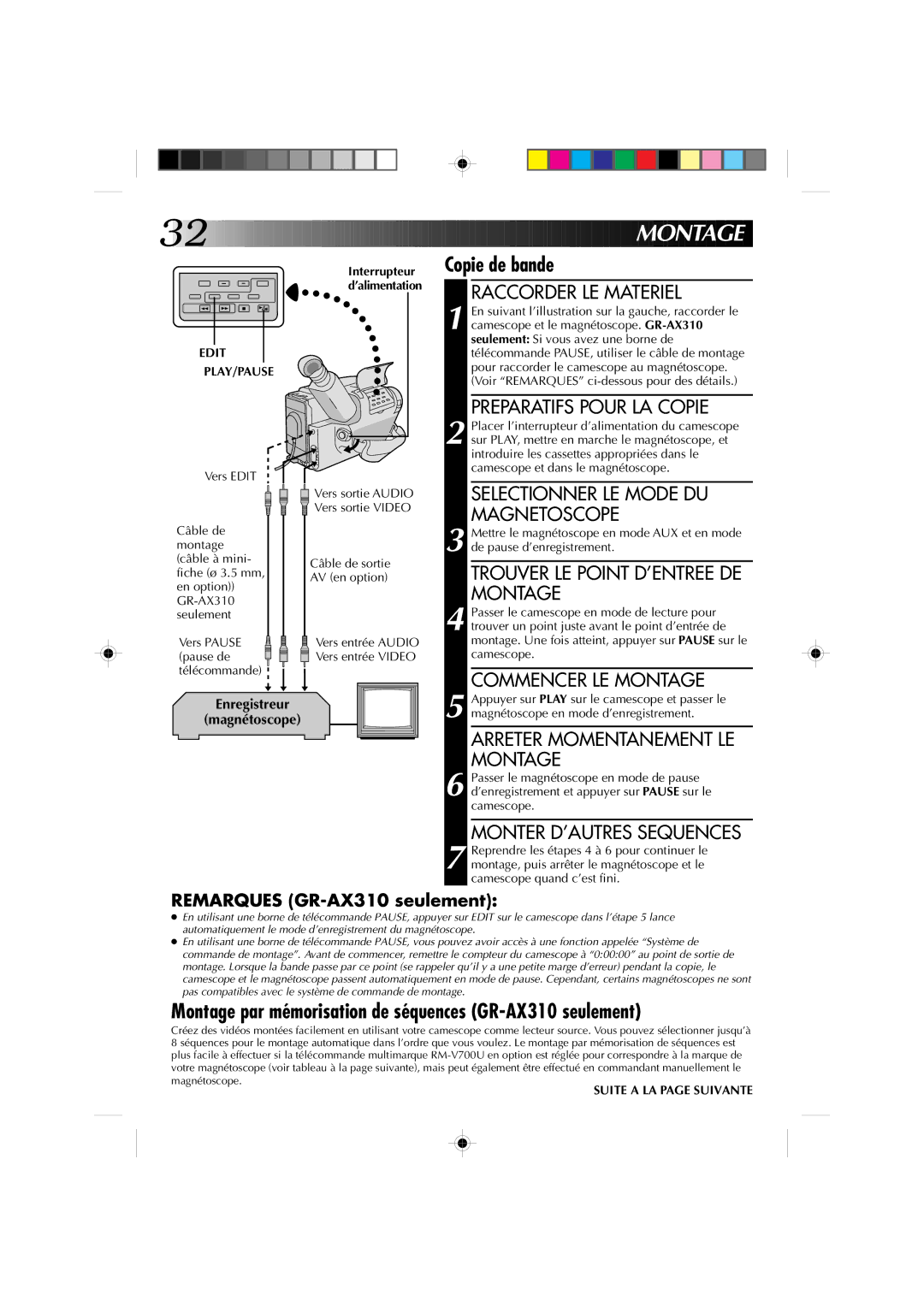 JVC manual Montage par mémorisation de séquences GR-AX310 seulement, Enregistreur Magnétoscope, Suite a LA page Suivante 