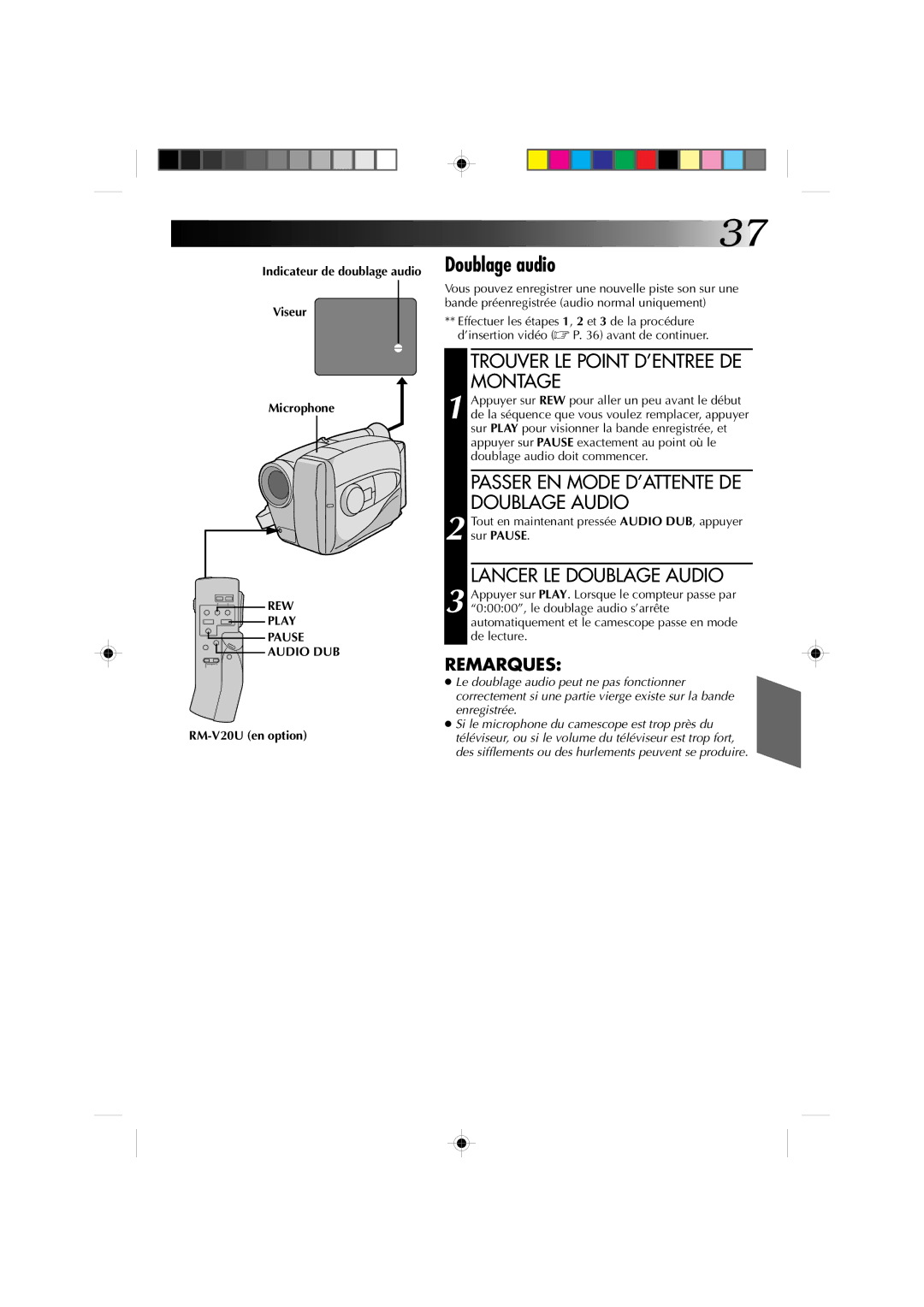 JVC GR-AX410, GR-AX310 manual Doublage audio, Passer EN Mode D’ATTENTE DE Doublage Audio, Lancer LE Doublage Audio 