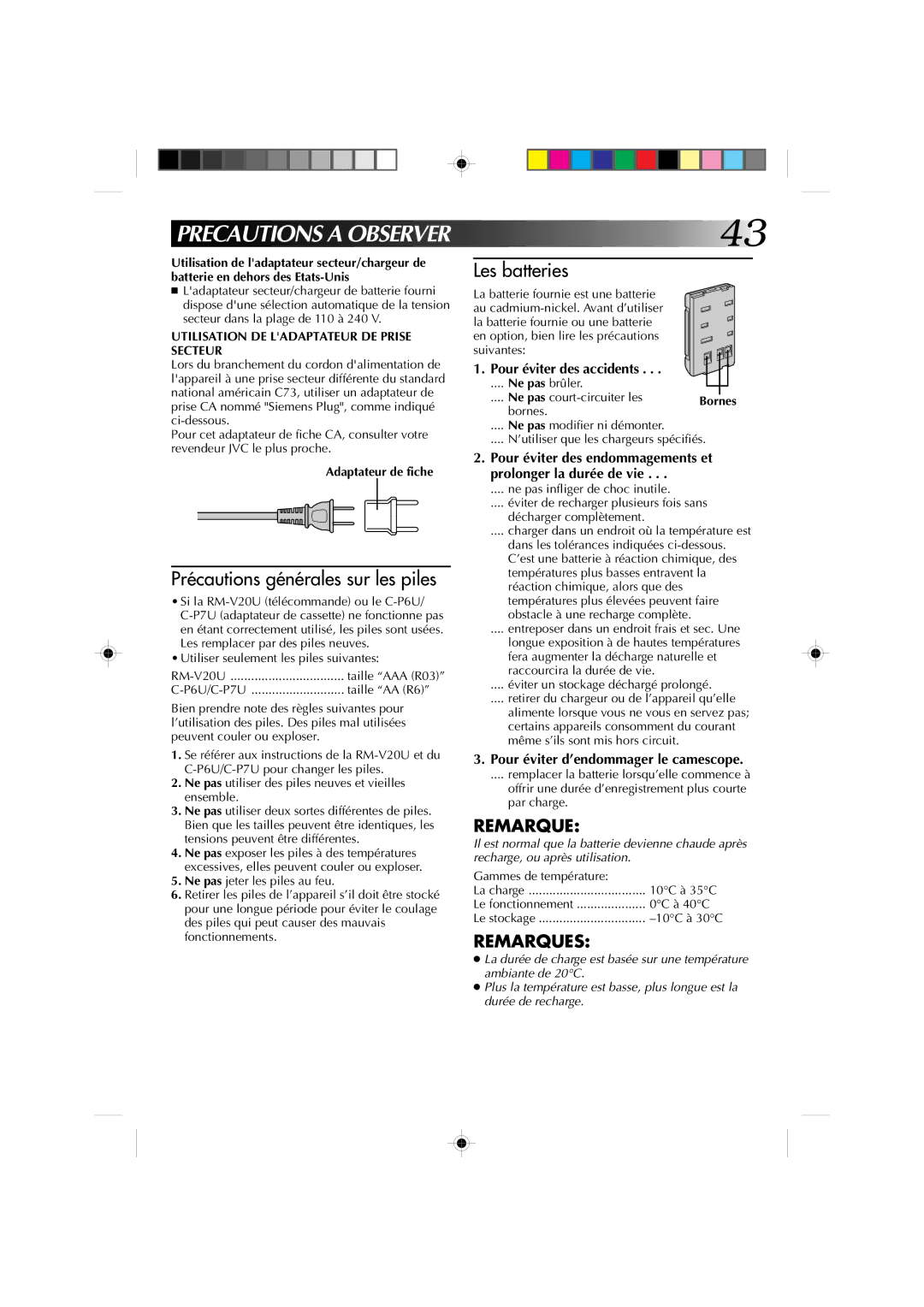 JVC GR-AX410, GR-AX310 manual Precautions a Observer, Pour éviter des accidents, Pour éviter d’endommager le camescope 