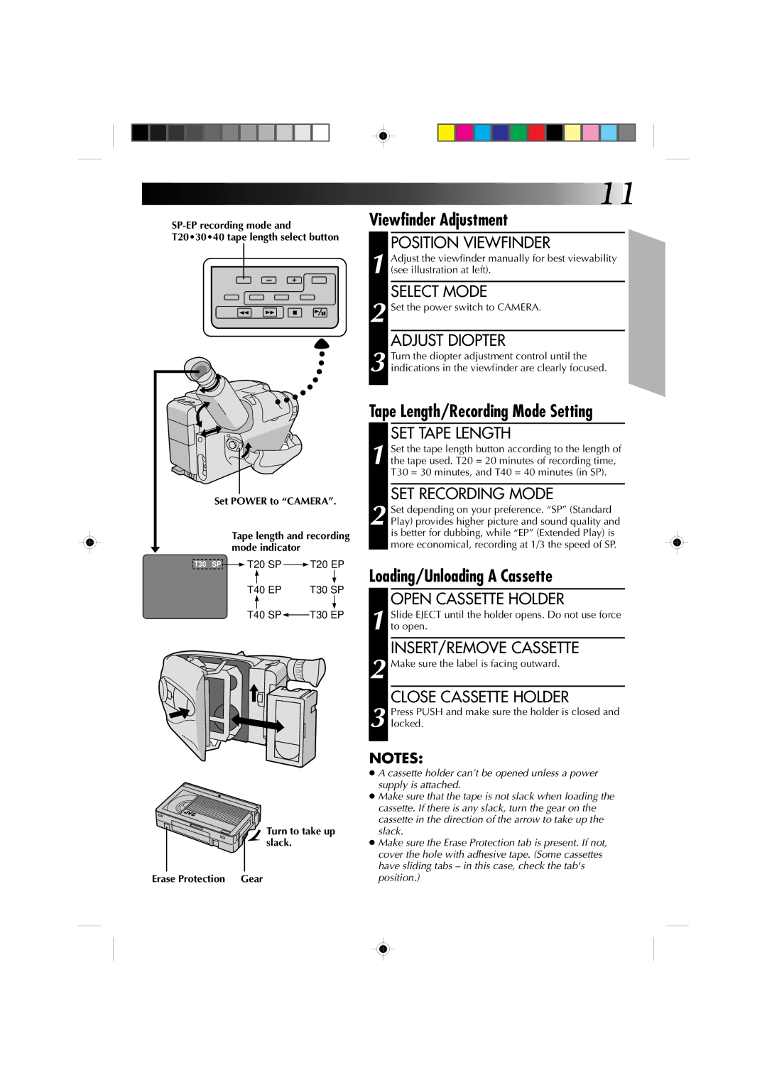 JVC GR-AX310U manual Viewfinder Adjustment, Tape Length/Recording Mode Setting, Loading/Unloading a Cassette 