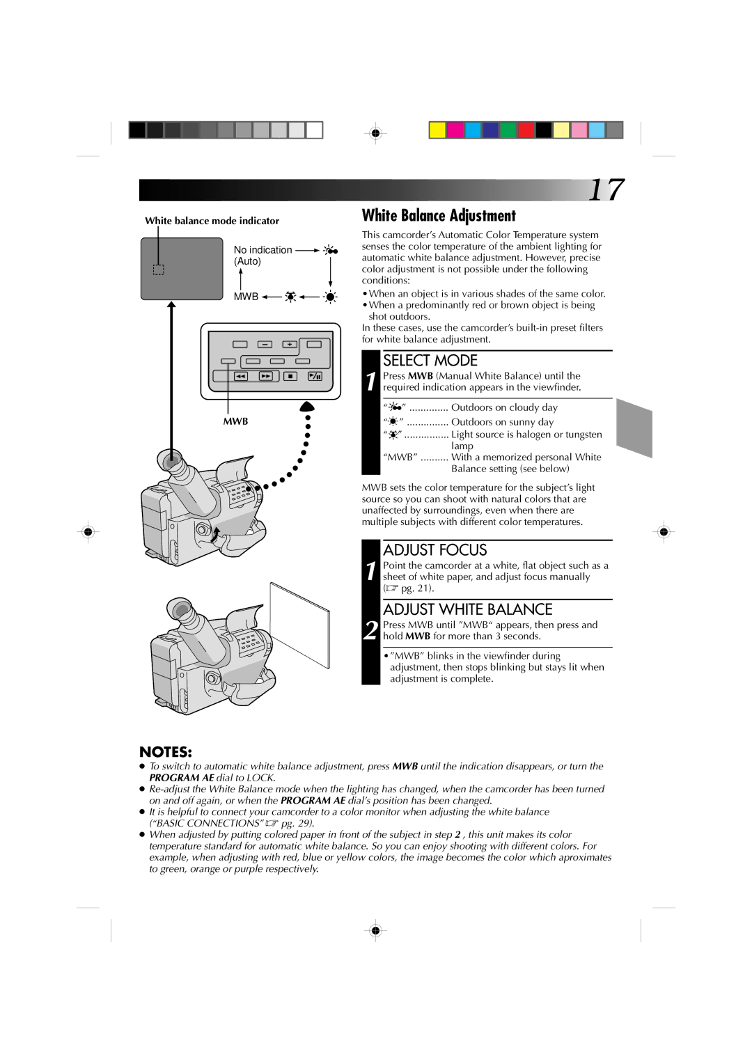 JVC GR-AX310U manual White Balance Adjustment, Adjust Focus, Adjust White Balance, White balance mode indicator, Mwb 