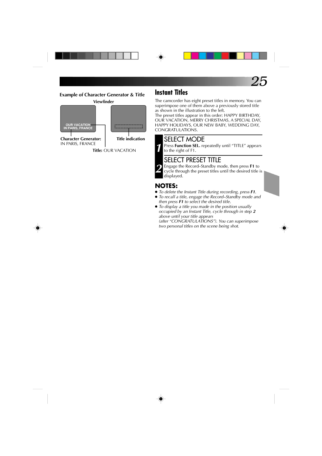 JVC GR-AX310U manual Instant Titles, Select Preset Title, Character Generator, Title indication 