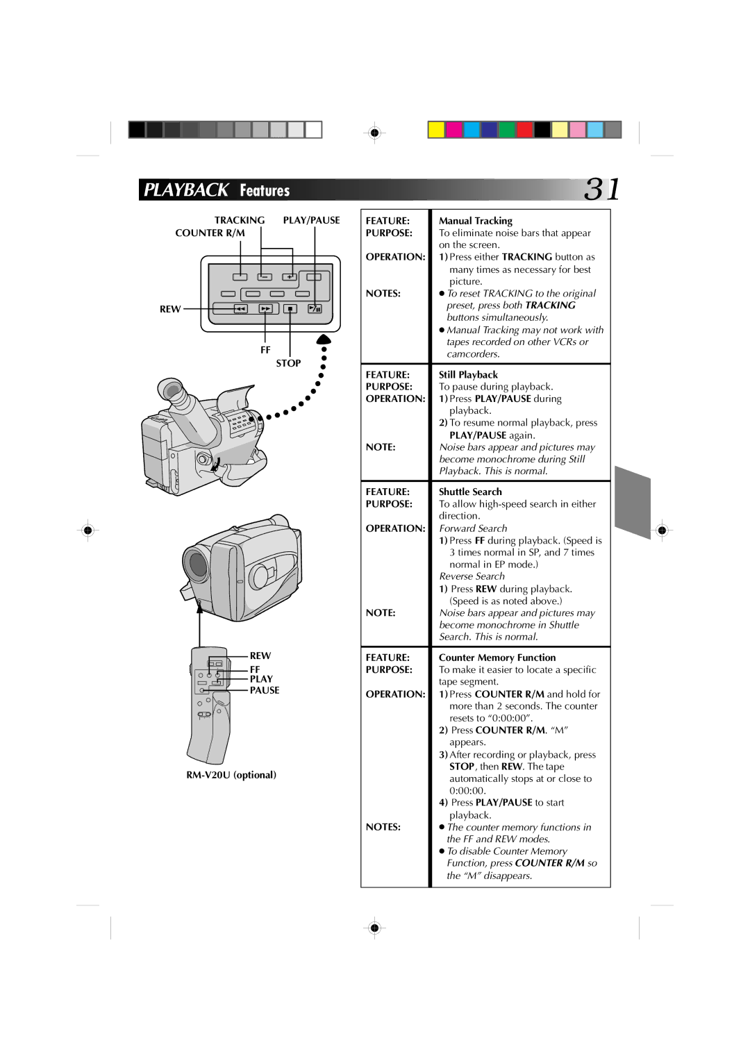 JVC GR-AX310U manual Playback Features, Tracking PLAY/PAUSE Counter R/M REW Stop Play Pause, Purpose, Operation 