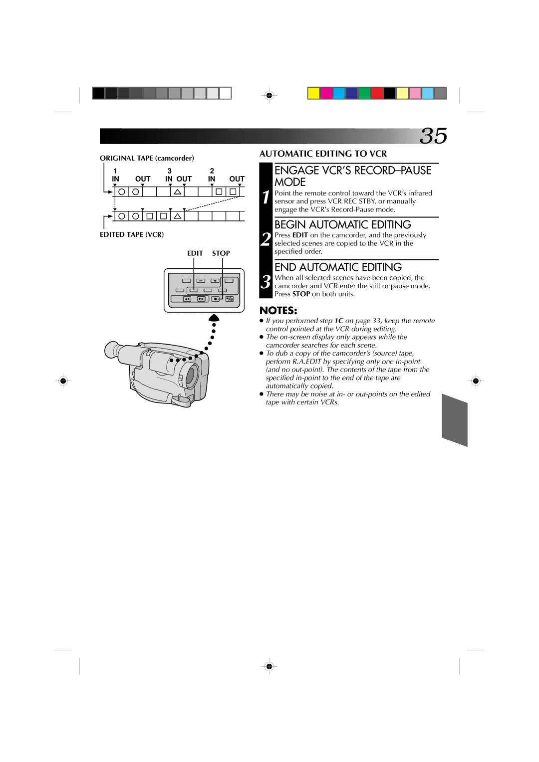 JVC GR-AX310U manual Engage VCR’S RECORD-PAUSE Mode, Begin Automatic Editing, END Automatic Editing 