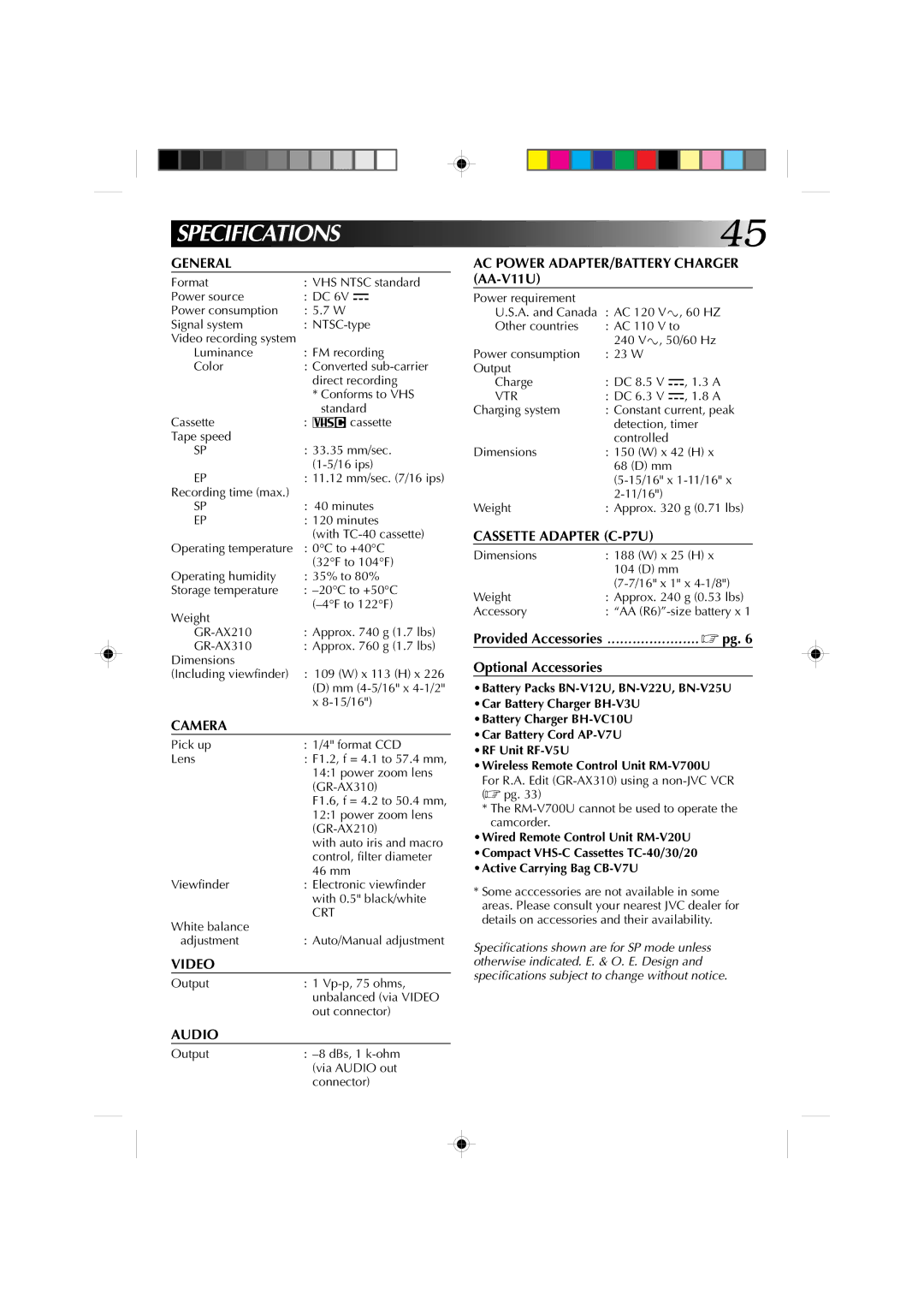 JVC GR-AX310U manual Specifications 