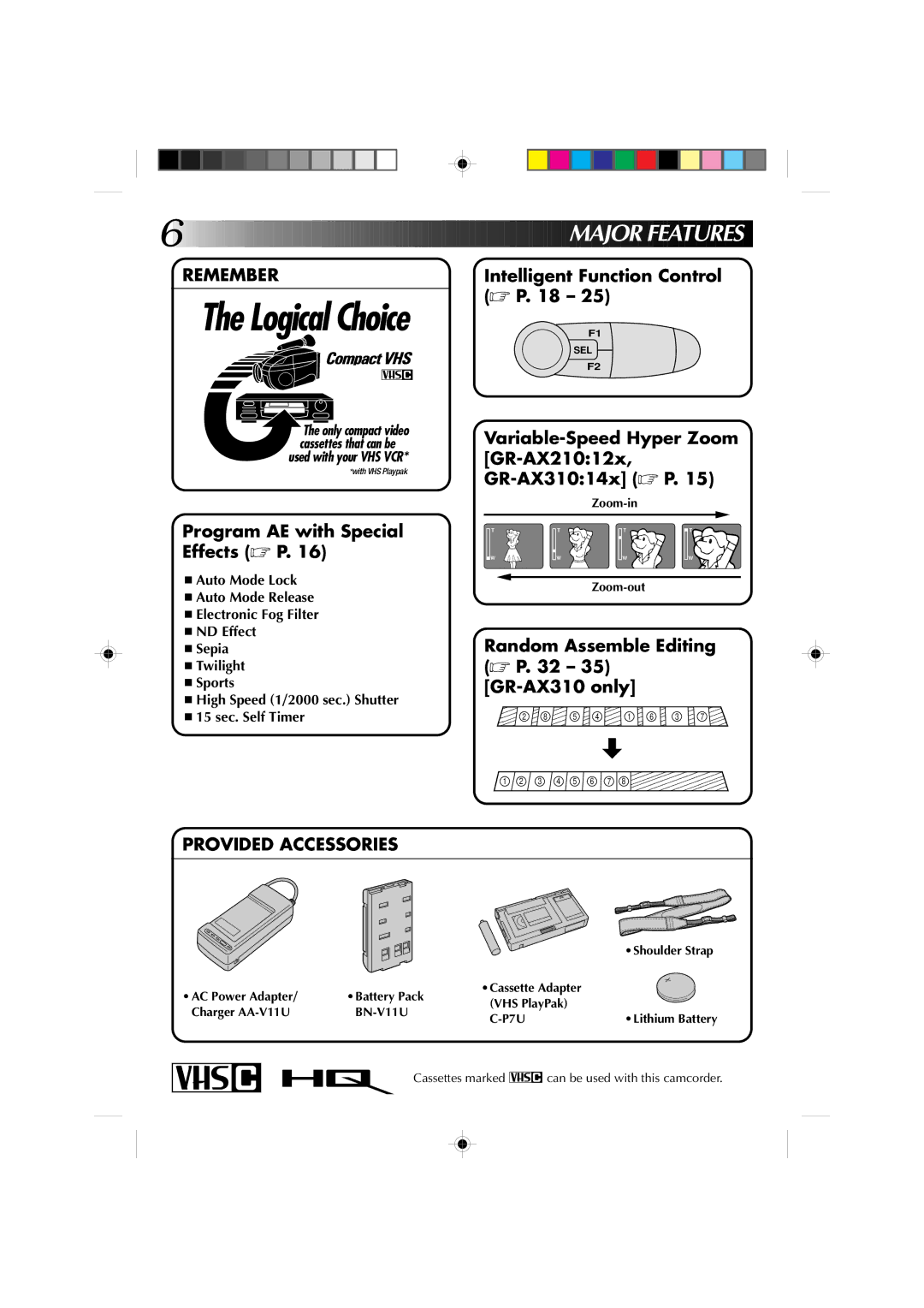 JVC GR-AX310U Ajor Features, Zoom-in Zoom-out, Battery Pack Cassette Adapter VHS PlayPak, BN-V11U P7U, Cassettes marked 