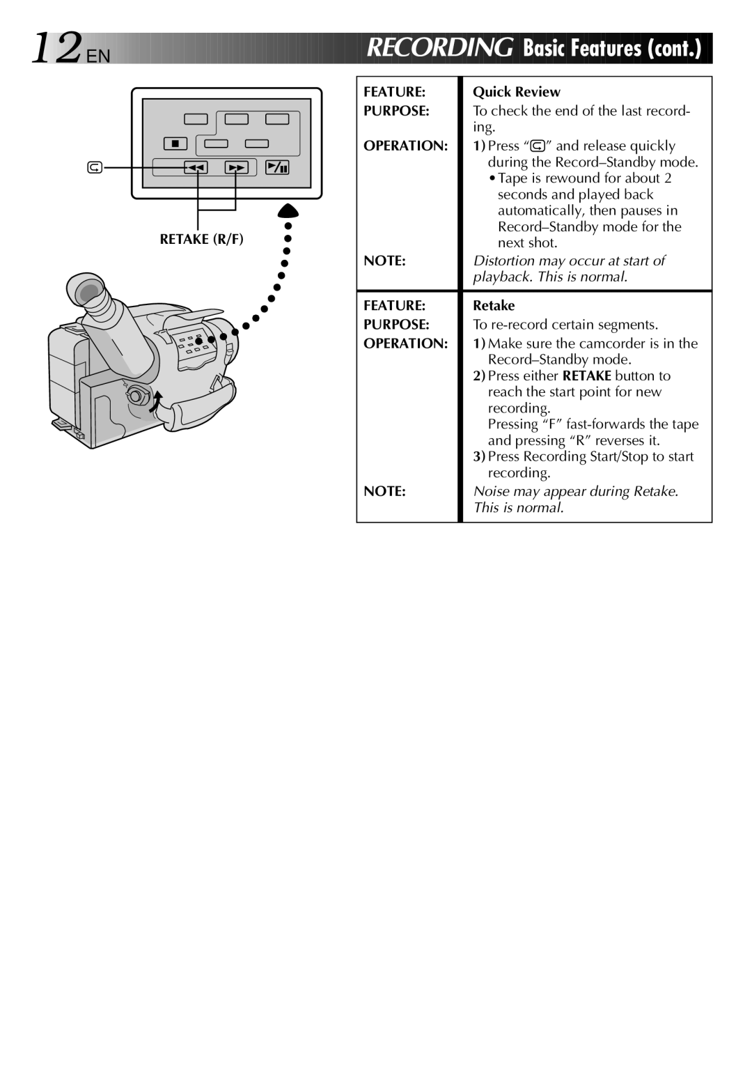 JVC GR-AX370, LYT0002-019A manual Retake R/F Feature, Quick Review 